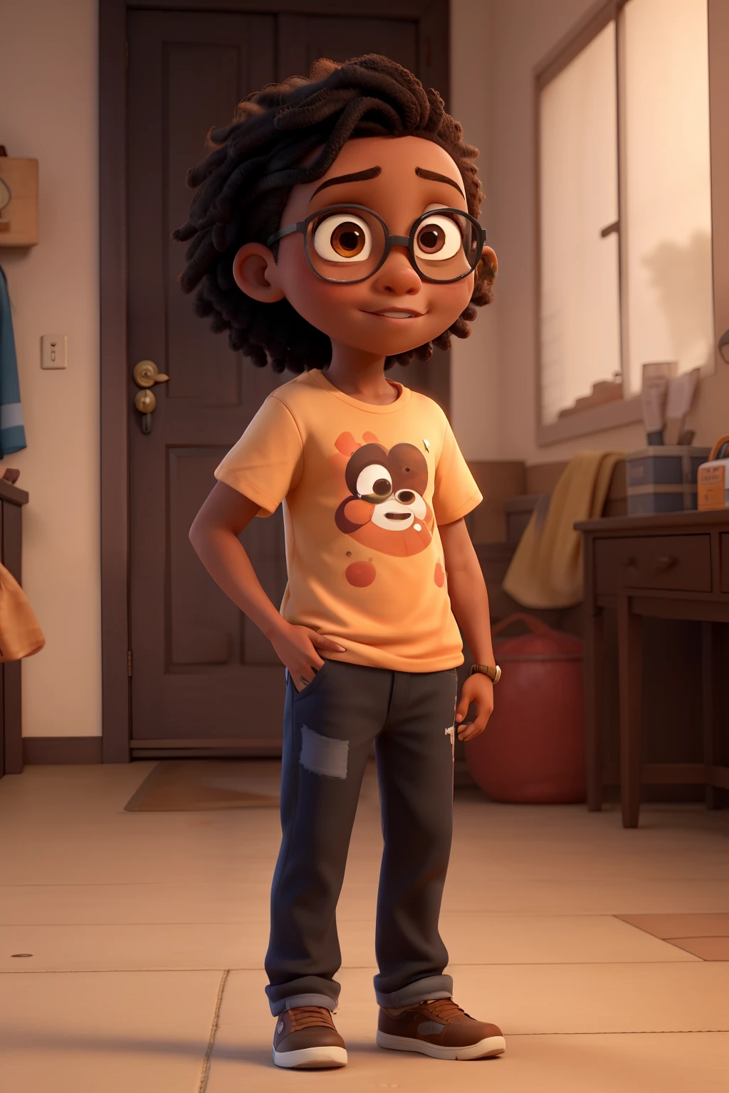 Pareja Disney Pixar. La chica tiene el cabello largo Rojo, Big brown eyes, lleva gafas y cachetes grandes de talla Curvy viste una camiseta negra, The boy has brown eyes, cabello ????? corto viste una sudadera negra. The title of the movie is "Deny y Oscar"