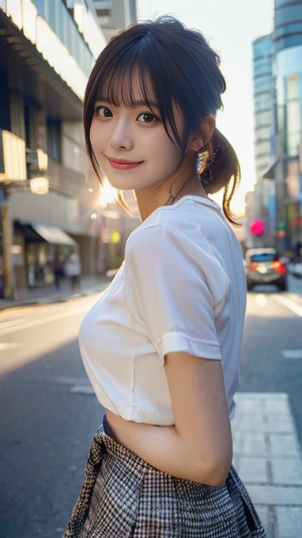 (highest quality,masterpiece:1.3,ultra high resolution),(Super detailed,caustics,8K),(realistic:1.4,RAW shooting),1 girl,(bright personality),(smile and look down at the camera),(front shot:1.1),(look forward),25 years old,cute,Japanese,glamorous,(small tits),(close),(chest focus),street,sunlight,Natural light,(Backlight),(A bright light shines from behind),(Lens flare),professional writing,(cowboy shot),(Low - Angle:1.3),(mini skirt),(trendy fashion),full body shot,(film photography),Shibuya