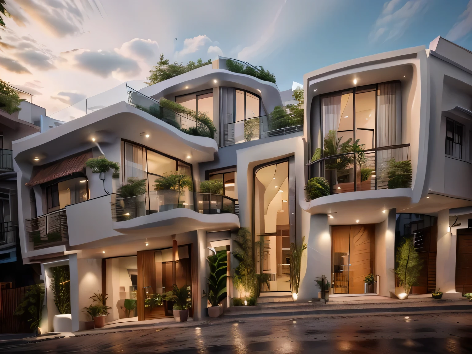 Townhouse, daylight ( best quality) ((high solution)) ,(( photo realistic)) ,warm light, (sharp focus) front view of townhouse in style of modern,small house, Narrow area,VietNam,facade, curved arch,beautiful facade,curved windown,narrow and long ,two-storey,mutual colours, soft lighting, warm atmosphere,high Resolution, hyper detailed,4k ,vray render, octane render, hyper realistic, photography expert ,exterior design , professional photography, exterior photography,wide-angle shot , ultra detail , high Resolution , full frame, full body