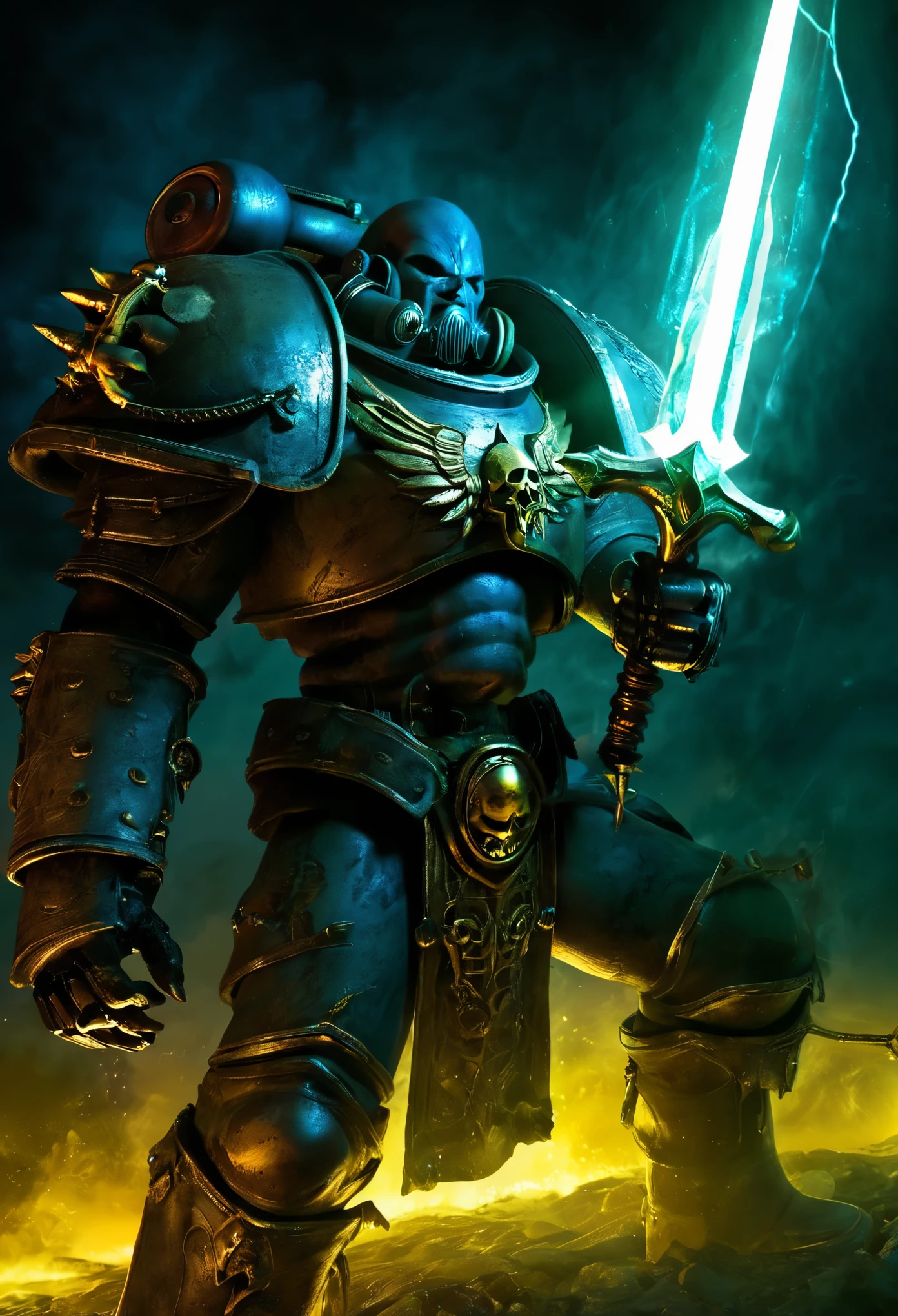 (best quality,ultra-detailed,realistic,highres,masterpiece:1.2),chaos space marine in warhammer 40k, [broken](colorful:0.9), holy reliquary, [reaching for](determined:1.1) the [Luminous chain sword](glowing:1.1), [solely lit](dimly lit:0.9) by the [sword's glow](luminous), [indicators on the marine](faintly lit), (eerie atmosphere,ominous), [ancient symbols](mystical:1.1), [dusty and aged](weathered) surroundings, [powerful armor](armored), [battle scars](battle-worn), [tension](intense), [sinister energy](dark:1.1), (contrasting shadows,subtle lighting), (action-packed, dynamic), [dystopian landscape](post-apocalyptic:1.1), [industrial elements](mechanical), [war-torn scene](destruction), (abandoned,desolate), [ominous aura](foreboding), vibrant [color palette](rich colors), [(distorted) reflections](mirrored), (aural chaos,sounds of battle,echoing footsteps), [epic confrontation](high stakes), [cascading sparks](electricity), [intense atmosphere](charged), explosive [visual effects](dramatic), [tense composition](balanced), [impressive details](intricate), [contrasting textures](variety of surfaces), (dramatic composition, dynamic angles), [ominous presence](menacing). Please note，The above prompt is exemplary，You can play as much as you want，Add or remove details，But please ensure overall high quality and consistency，and consistent with the given theme。