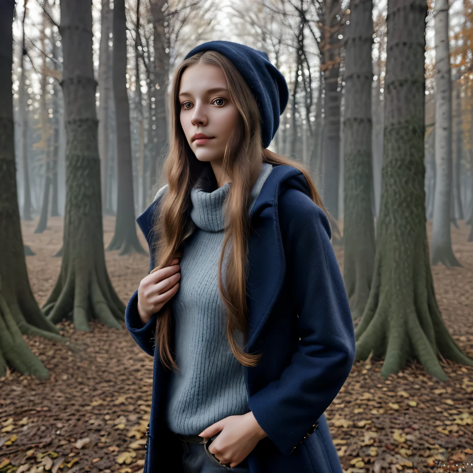 beautiful Slavic woman with long hair in the autumn forest, simple stylish clothes without decorations, dark blue woolen coat