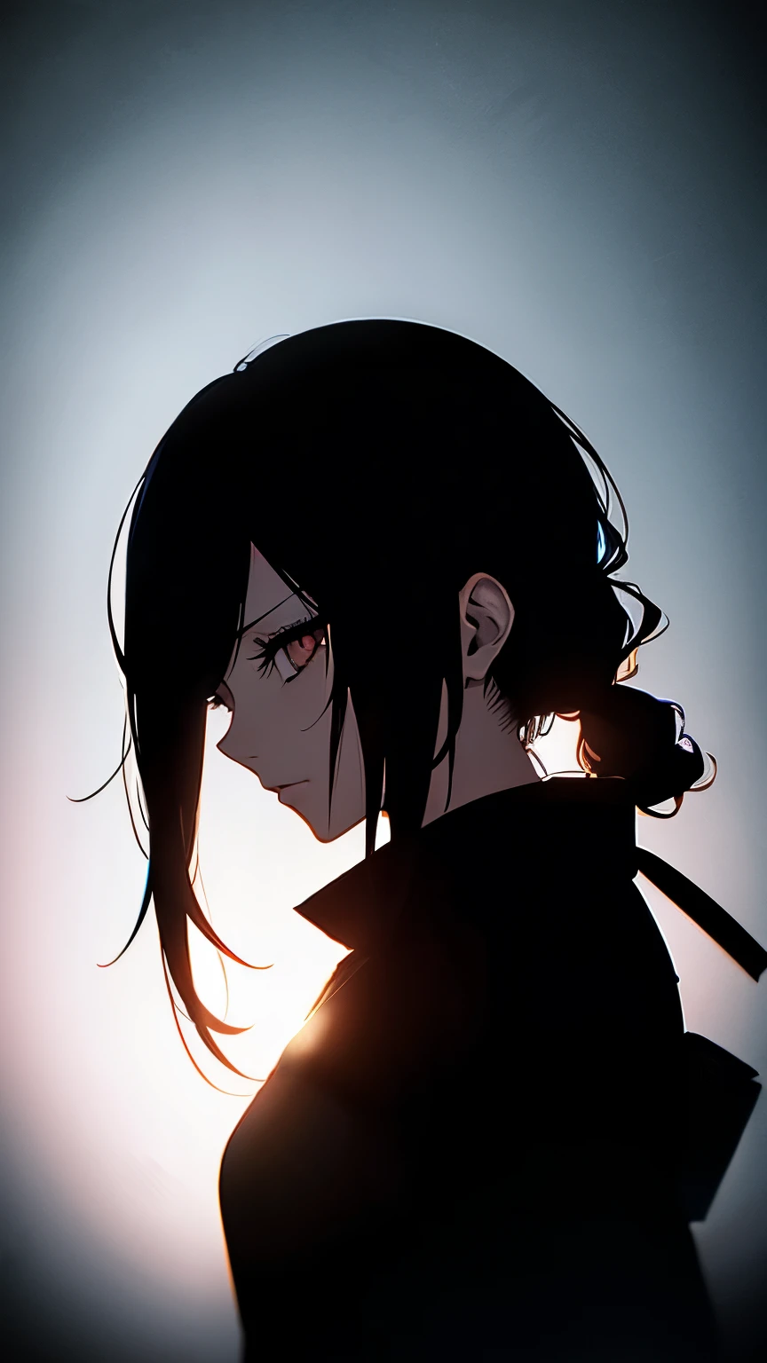 highest quality、masterpiece、scary kanji、Woman in silhouette、dark background、suspicious light