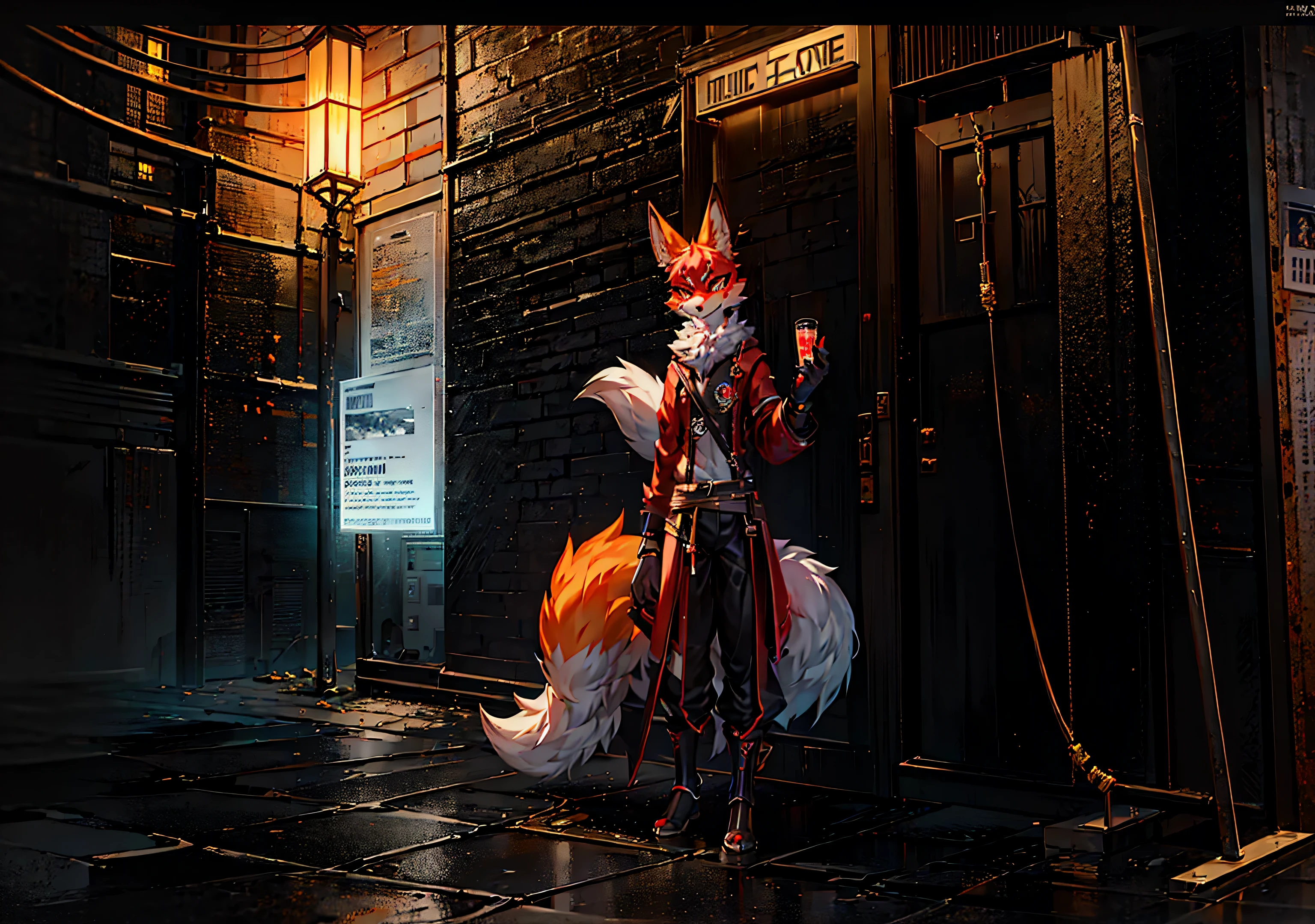 anime character with red fox mask and red sword, raposa e arbusto, raposa e naginata segurando arbusto, Armadura inspirada em Kitsune, kitsune segurando tocha, Kitsune, Three-tailed Kitsune fox, raposa digital, trends on Artstation 4k, mago raposa negra, trends on Artstation.', an anthropomorphic cyberpunk fox with a word adapted to the environment written on it "Offline"
