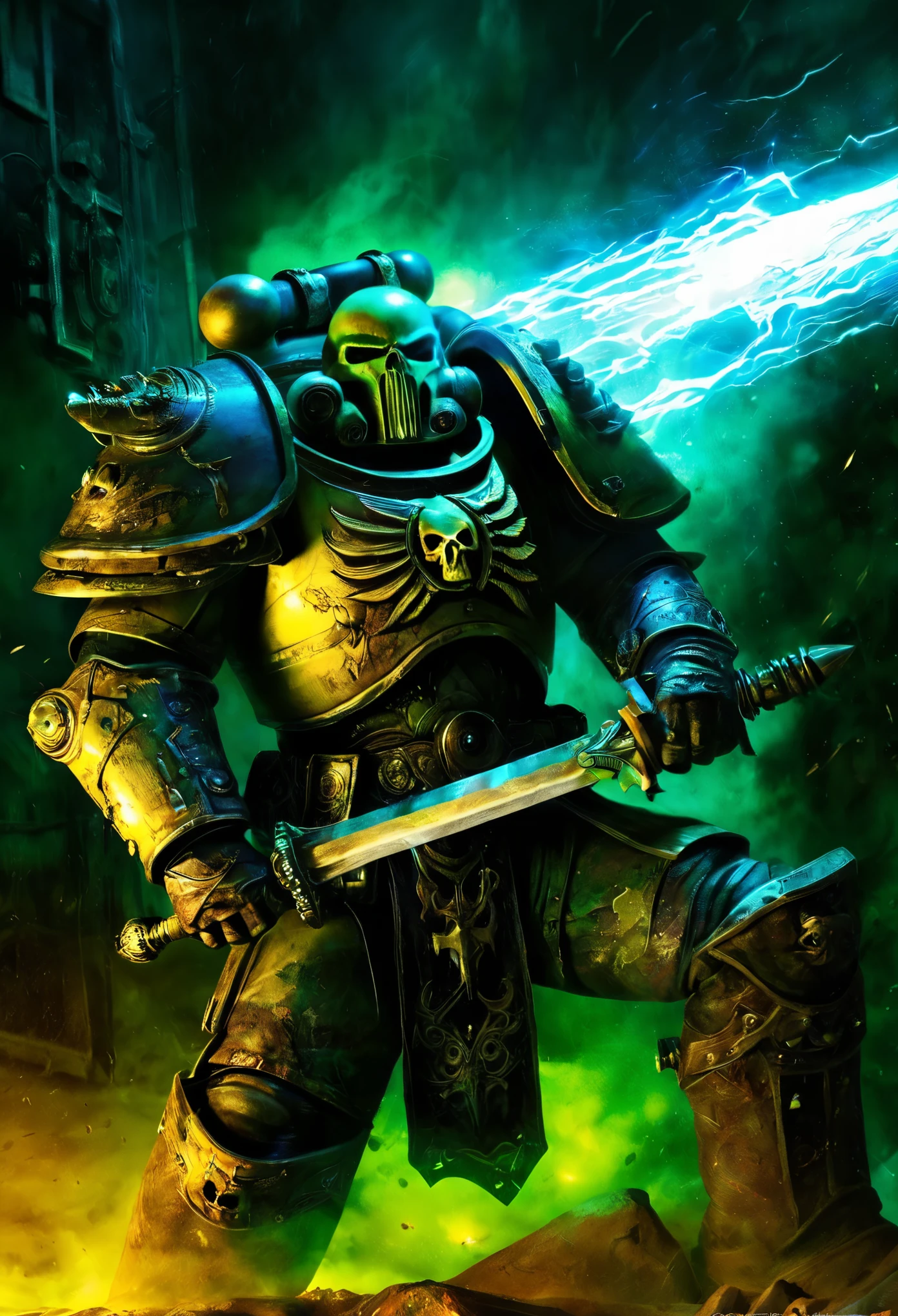 (best quality,ultra-detailed,realistic,highres,masterpiece:1.2),chaos space marine in warhammer 40k, [broken](colorful:0.9), holy reliquary, [reaching for](determined:1.1) the [Luminous chain sword](glowing:1.1), [solely lit](dimly lit:0.9) by the [sword's glow](luminous), [indicators on the marine](faintly lit), (eerie atmosphere,ominous), [ancient symbols](mystical:1.1), [dusty and aged](weathered) surroundings, [powerful armor](armored), [battle scars](battle-worn), [tension](intense), [sinister energy](dark:1.1), (contrasting shadows,subtle lighting), (action-packed, dynamic), [dystopian landscape](post-apocalyptic:1.1), [industrial elements](mechanical), [war-torn scene](destruction), (abandoned,desolate), [ominous aura](foreboding), vibrant [color palette](rich colors), [(distorted) reflections](mirrored), (aural chaos,sounds of battle,echoing footsteps), [epic confrontation](high stakes), [cascading sparks](electricity), [intense atmosphere](charged), explosive [visual effects](dramatic), [tense composition](balanced), [impressive details](intricate), [contrasting textures](variety of surfaces), (dramatic composition, dynamic angles), [ominous presence](menacing). Please note，The above prompt is exemplary，You can play as much as you want，Add or remove details，But please ensure overall high quality and consistency，and consistent with the given theme。