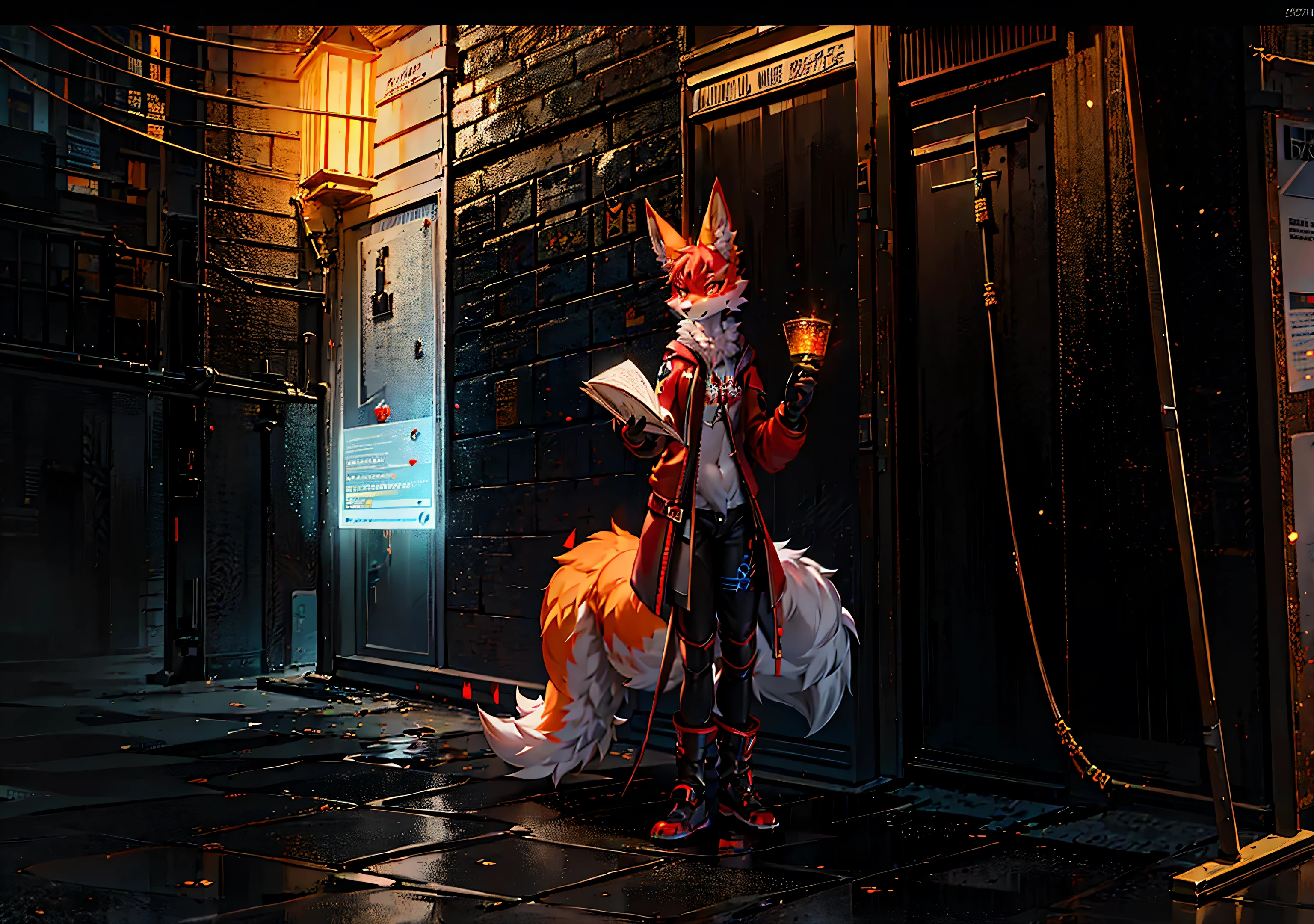 anime character with red fox mask and red sword, raposa e arbusto, raposa e naginata segurando arbusto, Armadura inspirada em Kitsune, kitsune segurando tocha, Kitsune, Three-tailed Kitsune fox, raposa digital, trends on Artstation 4k, mago raposa negra, trends on Artstation.', an anthropomorphic cyberpunk fox with a word adapted to the environment written on it "Offline"