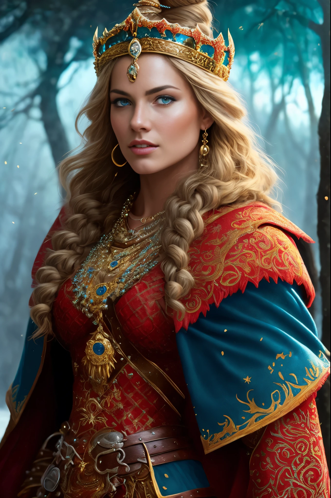 Full body Portrait of the Great Nordic Queen, a very gorgeous woman, 40 years old, erotic warrior costumes, dark red styled fluffy hair, natural Blue eyes, a nose with a bump, an elongated chin, dressed in ancient national,
8k resolution, dynamic lighting hyperdetailed intricately detailed Splash art trending on Artstation triadic colors Unreal Engine 5 volumetric lighting, oil painting, heavy strokes
