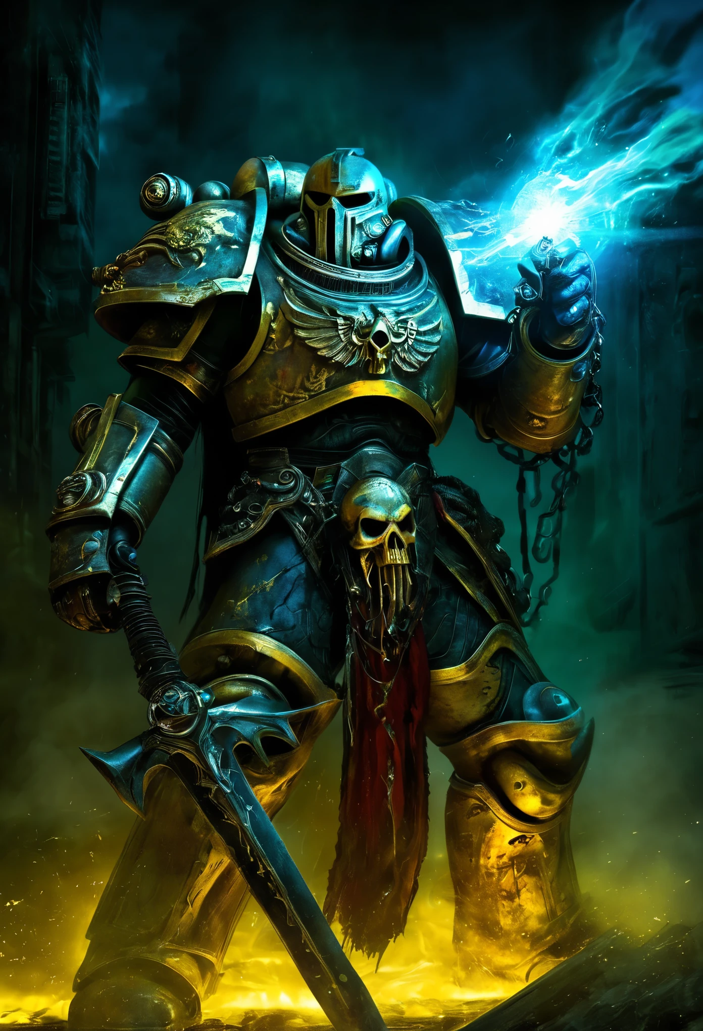 (best quality,ultra-detailed,realistic,highres,masterpiece:1.2),chaos space marine in warhammer 40k, [broken](colorful:0.9), holy reliquary, [reaching for](determined:1.1) the [Luminous chain sword](glowing:1.1), [solely lit](dimly lit:0.9) by the [sword's glow](luminous), [indicators on the marine](faintly lit), (eerie atmosphere,ominous), [ancient symbols](mystical:1.1), [dusty and aged](weathered) surroundings, [powerful armor](armored), [battle scars](battle-worn), [tension](intense), [sinister energy](dark:1.1), (contrasting shadows,subtle lighting), (action-packed, dynamic), [dystopian landscape](post-apocalyptic:1.1), [industrial elements](mechanical), [war-torn scene](destruction), (abandoned,desolate), [ominous aura](foreboding), vibrant [color palette](rich colors), [(distorted) reflections](mirrored), (aural chaos,sounds of battle,echoing footsteps), [epic confrontation](high stakes), [cascading sparks](electricity), [intense atmosphere](charged), explosive [visual effects](dramatic), [tense composition](balanced), [impressive details](intricate), [contrasting textures](variety of surfaces), (dramatic composition, dynamic angles), [ominous presence](menacing). Please note，The above prompt is exemplary，You can play as much as you want，Add or remove details，But please ensure overall high quality and consistency，and consistent with the given theme。