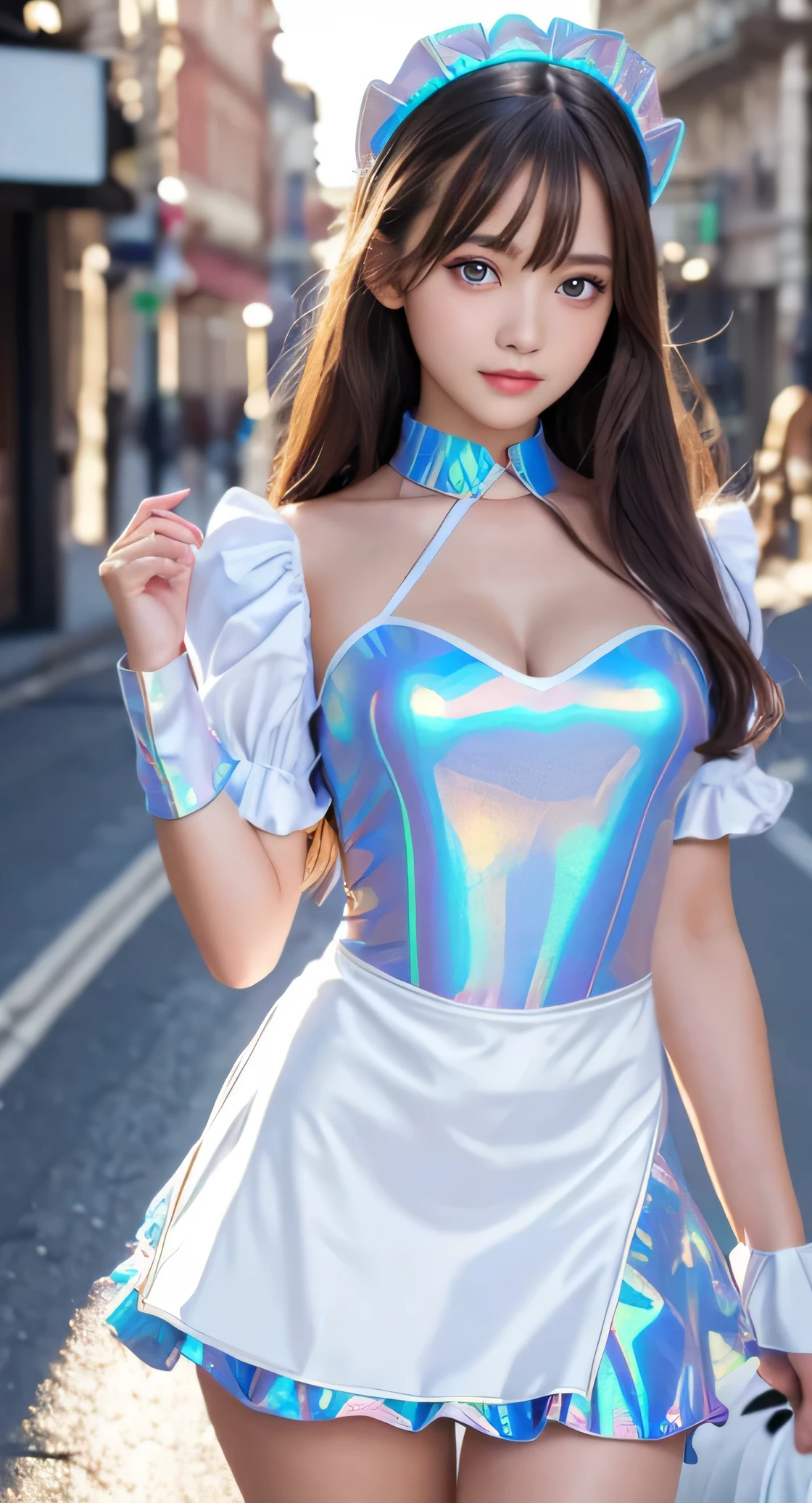 Angelic very beautiful cute young girl,
Beautiful detailed eyes,
Detailed double eyelids,
(Soft Saturation: 1.3),
(Fair skin: 1.3),v-line jaw,
(Large eyes:1.4),
Long straight brown hair,
see-through bangs,(15 yo:1.3),
Sharp Focus,
beautiful detailed face and eyes,
drooping eyes,
small straight nose,
small mouth,
happy smiling with visible teeth, 85mm lens, F/8.0,BREAK (Super shiny pink and blue latex maid costume :1.3),Walking,Brown hair ,(Costumes with strong reflective surfaces:1.3),
(Best Quality:1.2),(Maid latex costume:1.5),
Raw photo,
High resolution,
perfect detail,
Professional Photography,
Professional Lighting,
Powerful lighting of the costume,In the street
