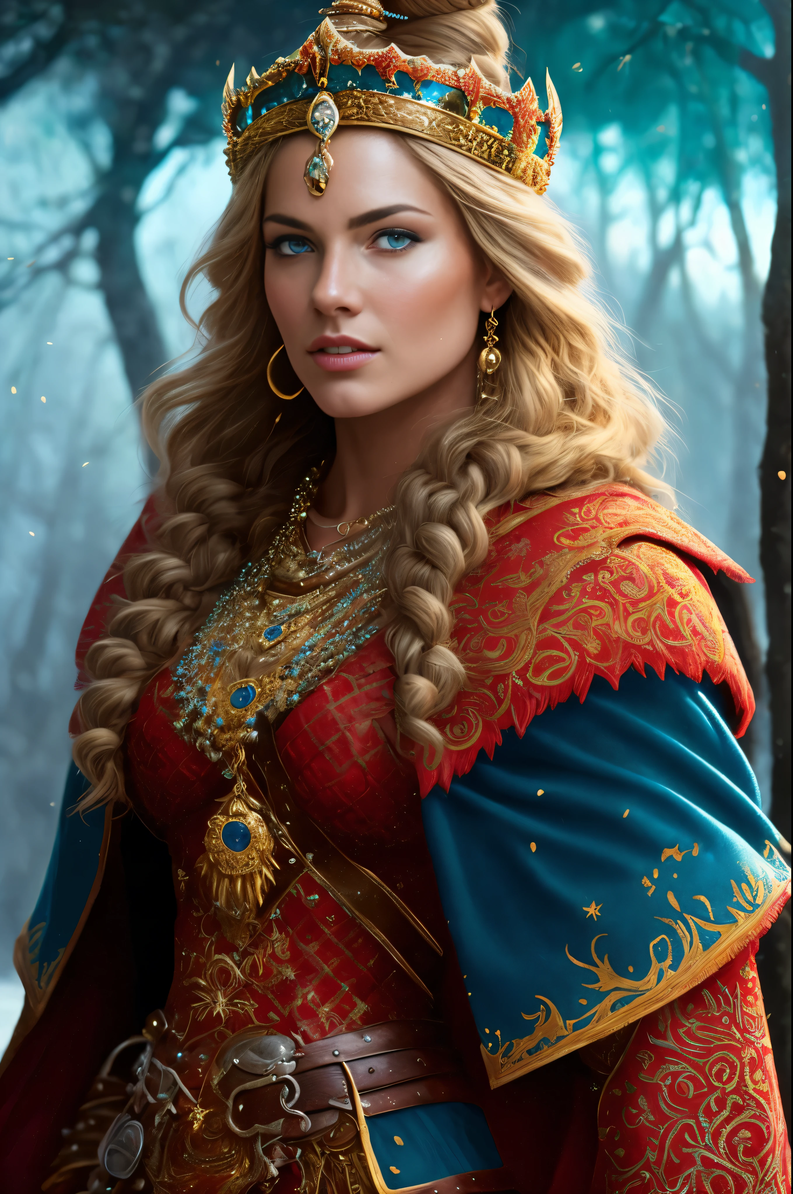 Full body Portrait of the Great Nordic Queen, a very gorgeous woman, 40 years old, erotic warrior costumes, dark red styled fluffy hair, natural Blue eyes, a nose with a bump, an elongated chin, dressed in ancient national,
8k resolution, dynamic lighting hyperdetailed intricately detailed Splash art trending on Artstation triadic colors Unreal Engine 5 volumetric lighting, oil painting, heavy strokes