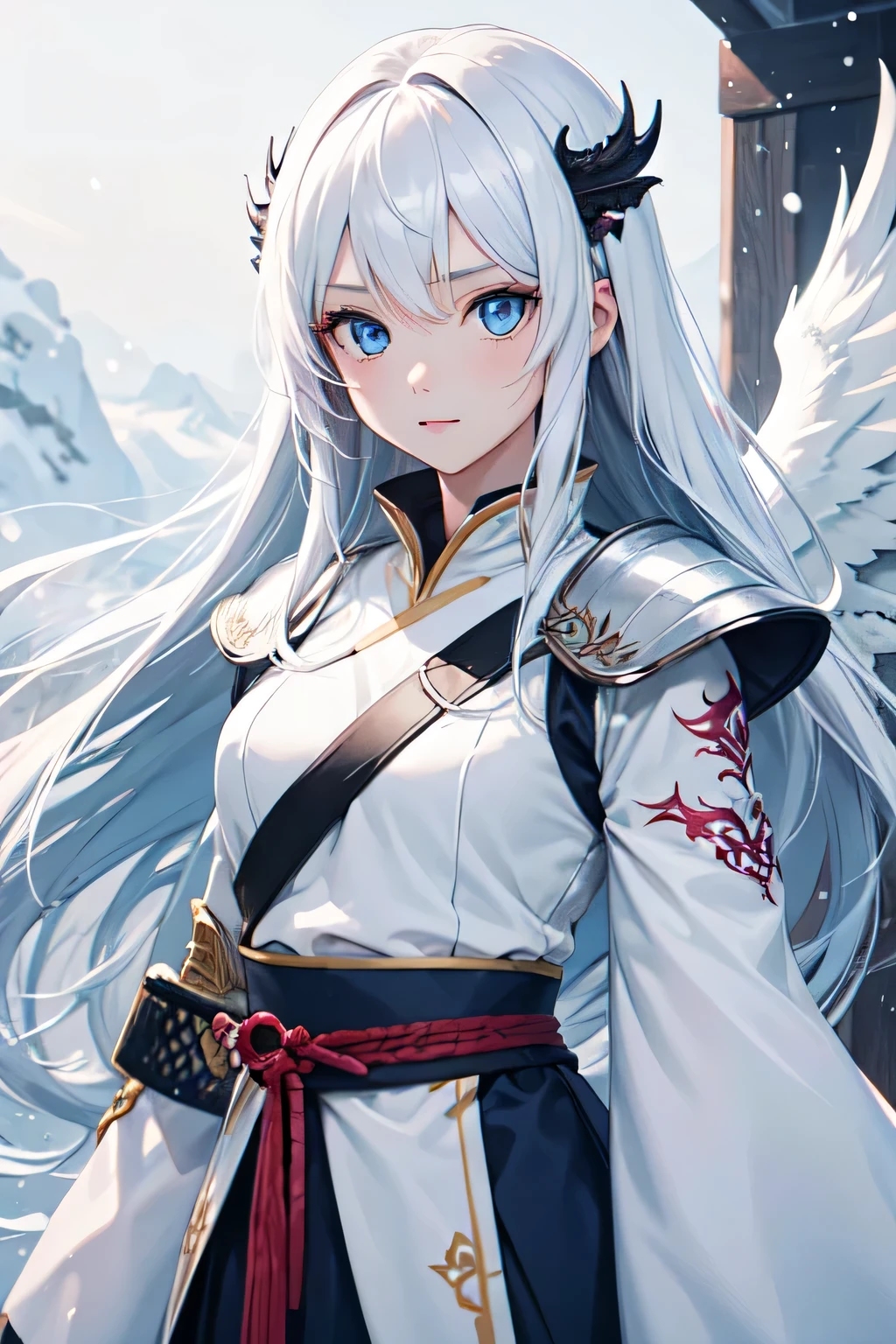 1girl, long hair, white armor, angel, dragon, blue eyes, blue tattoo, snow-white hair, katana,