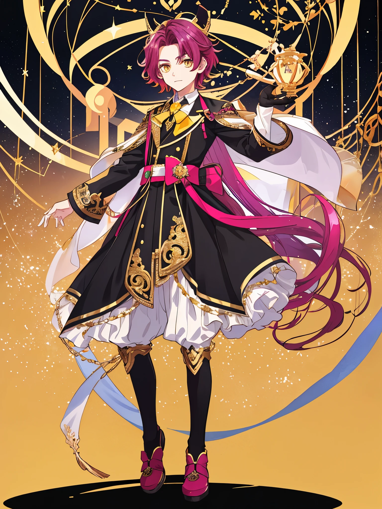 ((Full body)), (a boy), male role, beautiful boy, ((idol costume)), ((magenta hair)), ((yellow eyes)), high quality