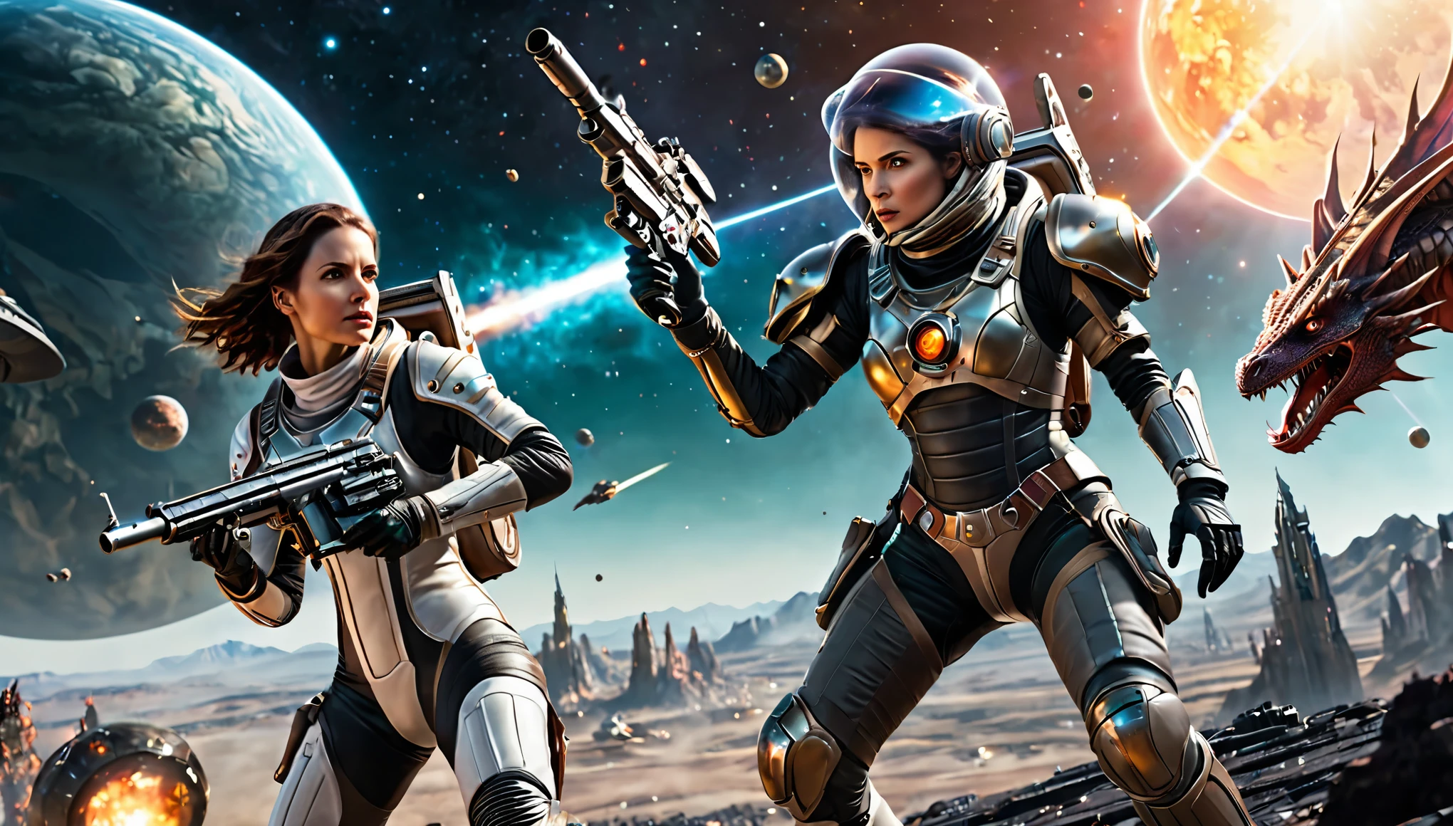 cinematic scene, superrealism, a woman in a glass spacesuit, uses a blaster in battle against a flying dragon, looks at the dragon and shoots it, on the surface of a terrible planet, action pose, in the background another large spaceship, an epic scene, battle, war, a mystical Martian city in the steampunk style is visible, even further away unusual inhabitants, a mystical environment, a sky full of bright multi-colored stars and satellites, realistic photo, soft studio lighting, ultra-detailed backgrounds, ultra-high resolution, ultra-high quality.