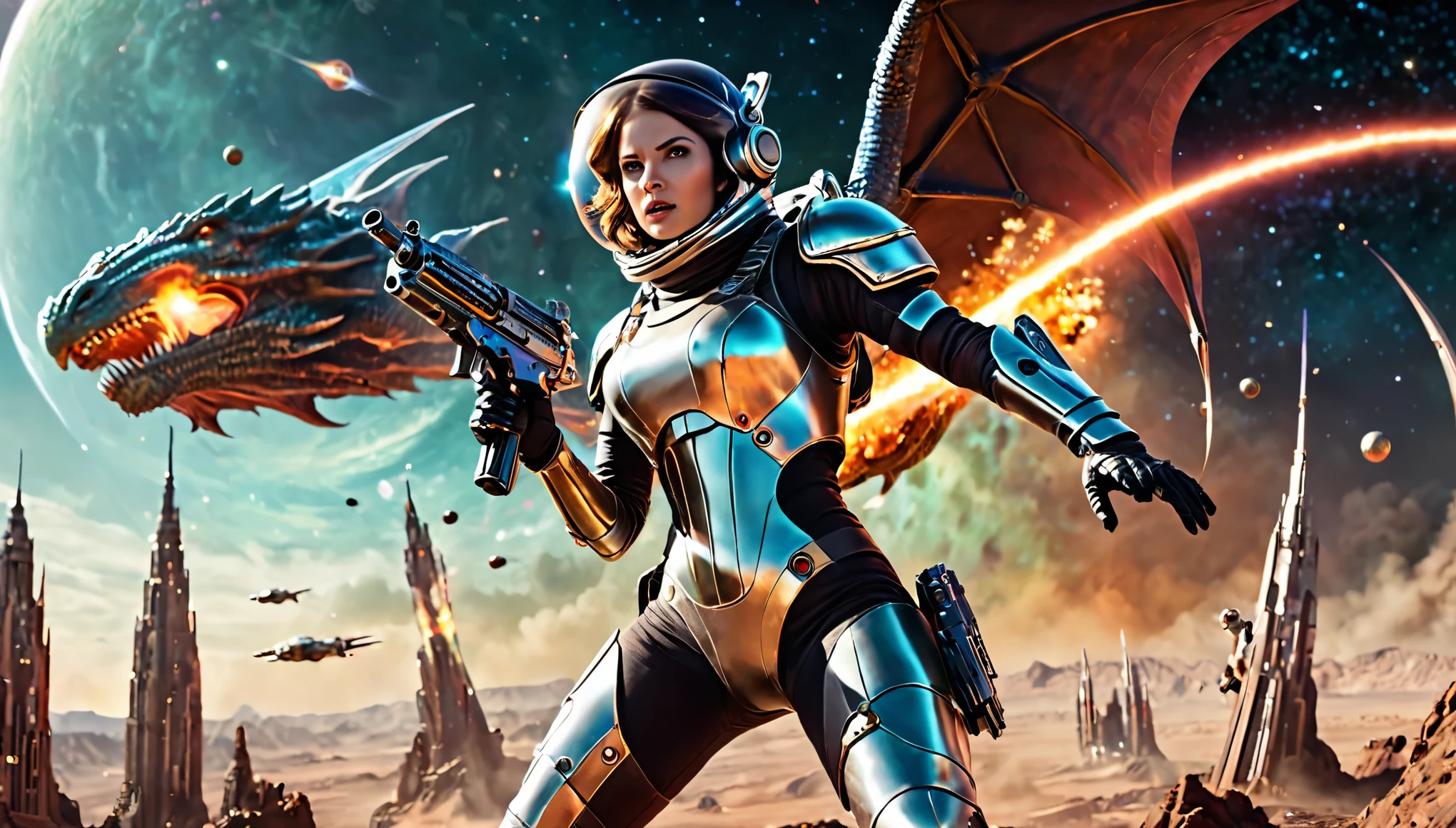 cinematic scene, superrealism, a woman in a glass spacesuit, uses a blaster in battle against a flying dragon, looks at the dragon and shoots it, on the surface of a terrible planet, action pose, in the background another large spaceship, an epic scene, battle, war, a mystical Martian city in the steampunk style is visible, even further away unusual inhabitants, a mystical environment, a sky full of bright multi-colored stars and satellites, realistic photo, soft studio lighting, ultra-detailed backgrounds, ultra-high resolution, ultra-high quality.