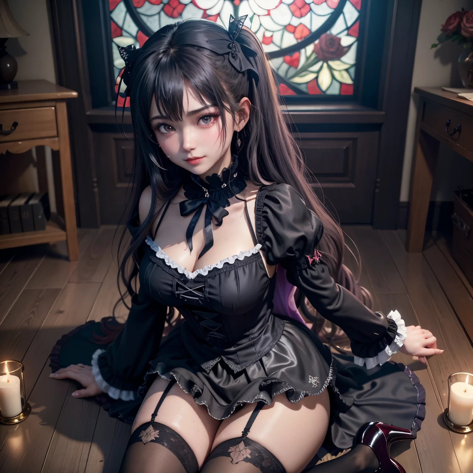 ハードdark gothicメイク、Insanity、deep night sky、horror、black dark eyeshadow、cry、grieve、good skin shine、dark gothicメイク、dark smile、Restless Palace、fragrant beauty、22 years old、lure、expression of intense sexual pleasure、A look of shame、dark gothic、lewd expression、muste piece、best quality、Refers to 5 books、Expression of sexual pleasure in suffering、drunk face、purple maid outfit、mysterious、Noble、A face that is holding back the toilet、Super sexy、loving smile、twin tail hair、jet black ruffle skirt、right blue eye, left eye is red、Gothic bed covered with roses、Super bewitching pose、stick out your butt、platform heel shoes、dark makeup、black lipstick、Stained glass、black metal world、open your legs sloppily、make the world beautiful、sit on a bed of roses、gothic ****ta clothes、comb your hair、A little slender、silver hair、long hair straight hair、cute gothic ****ta dress、beautiful face、face of elegance、bewitching face、knee high socks、Stained glassが背景、My chest is shiny from a lot of sweat、the room is dark、goth  long dress、bell sleeve、wizard sleeve、decadent look、sexually excited look、part hair、Ritual、gothic ritual、Glossy thighs wet with water、Thighs wet and shiny with oil、Background of a room filled with roses、sad expression、Rozen Maiden、embroidery is pink、Clothes are embroidered pink、thigh high socks、kneel down、put your knees on the floor、knee high socks、It shines due to the considerable amount of sweat on my thighs.、kneel down、body is wet and shiny、Lots of glitter on the thighs、i am sweating a lot、A lot of sweat and stickiness on the thighs、Sweat glistening on your thighy whole body is shiny with sweat、pretty sweaty、My thighs are sweaty、my thighs are so wet、My thighs are shiny from a lot of sweat、A lot of sweat shines all over the body、kneel up、Right arm to crotch、、open your legs wide、slender body、Gentle expression、is masturbating、deep black eyeshadow、lewd act、Stained glassと薔薇背景、エレキplay the guitar、play the guitar、wearing black underwear、have a guitar、black panties、