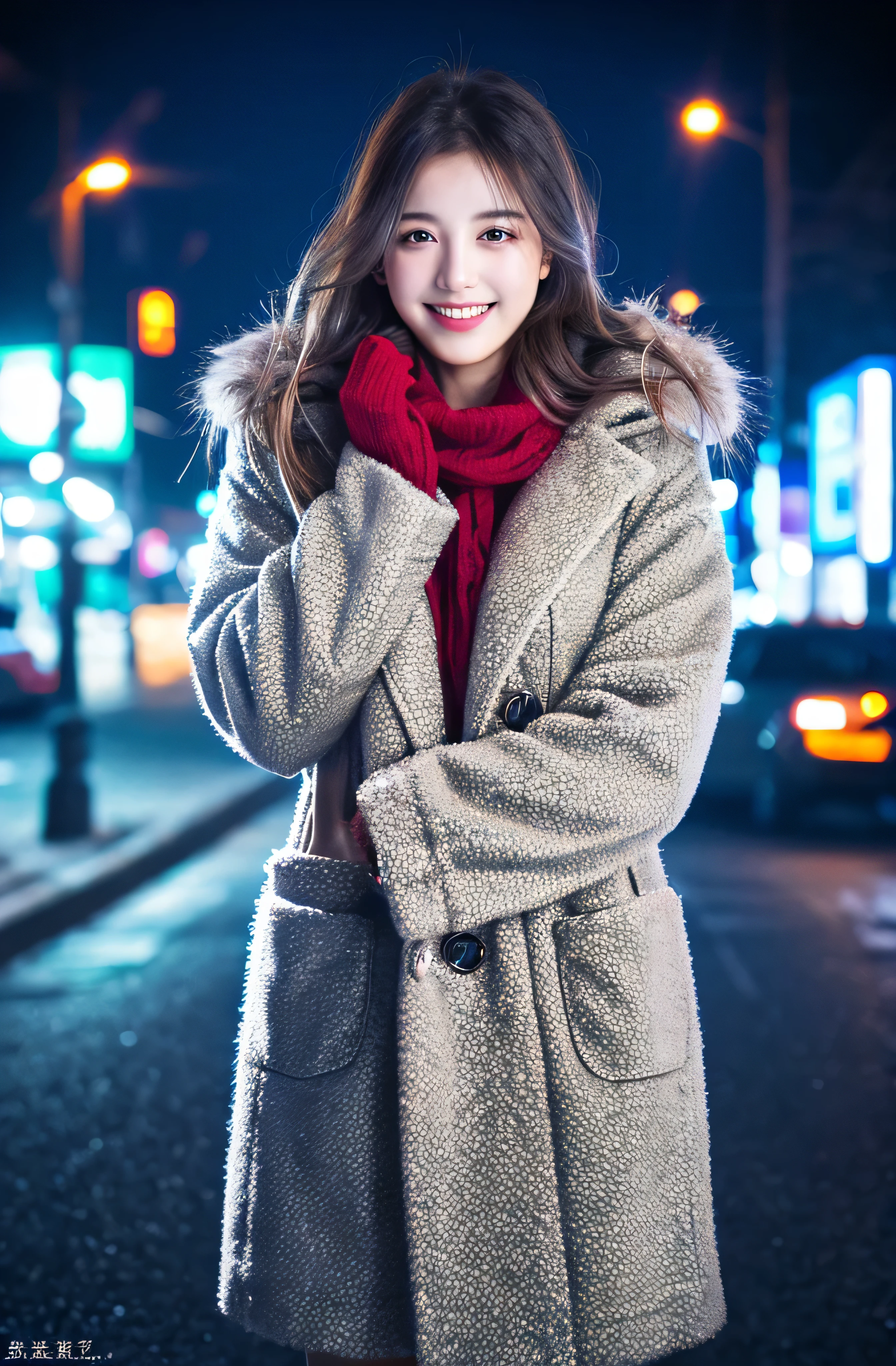 highest quality, masterpiece, ultra high resolution, (realistic:1.4), Raw photo, 1 girl、shiny skin, dramatic lighting, whole body,、Japanese, complete raw body, Show all attractions、smile、snowy neon street、red muffler、coat