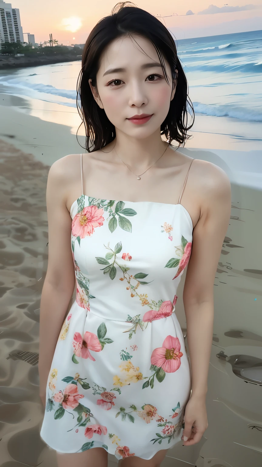 1girl,sexy pose,best quality,masterpiece,illustration,an extremely delicate and beautiful,CG,unity,8k wallpaper,Amazing,finely detail,masterpiece,official art,extremely detailed CG unity 8k wallpaper,incredibly absurdres,huge filesize,ultra-detailed,highres,extremely detailed,beautiful detailed girl,realistic,outdoors,light contrast,(florals_buzzer_dress:1.5),、Red lipstick、big breasts、White panties are visible from the skirt、