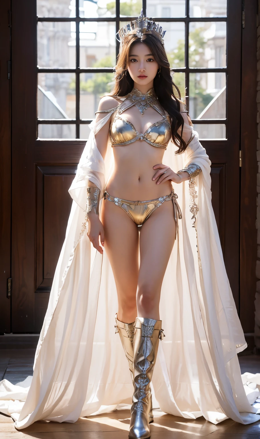 beautiful and delicate woman,The details of the eyes and face are very rich, exquisite eyes, super detailed, High resolution, The content is very detailed,best quality,EnLightenment,Unite,8k wallpaper,masterpiece,best quality,imagine,1 girl,Wear sexy platinum bikini armor,big breasts,high-cut underwear,high cut underwear, Armor pattern metallic style golden priest cloak,priest hat,standing posture,long legs,Wear pink and platinum boots,look at the audience,Face the audience,flowing long hair,Surreal 8000g,Impeccable,masterpiece,professional artwork,famous artwork,Light,movie bloom,perfect face,pretty face,fantasy,Dreamy and magical,not real,intricate details,Exquisite pattern…Korean woman’s face