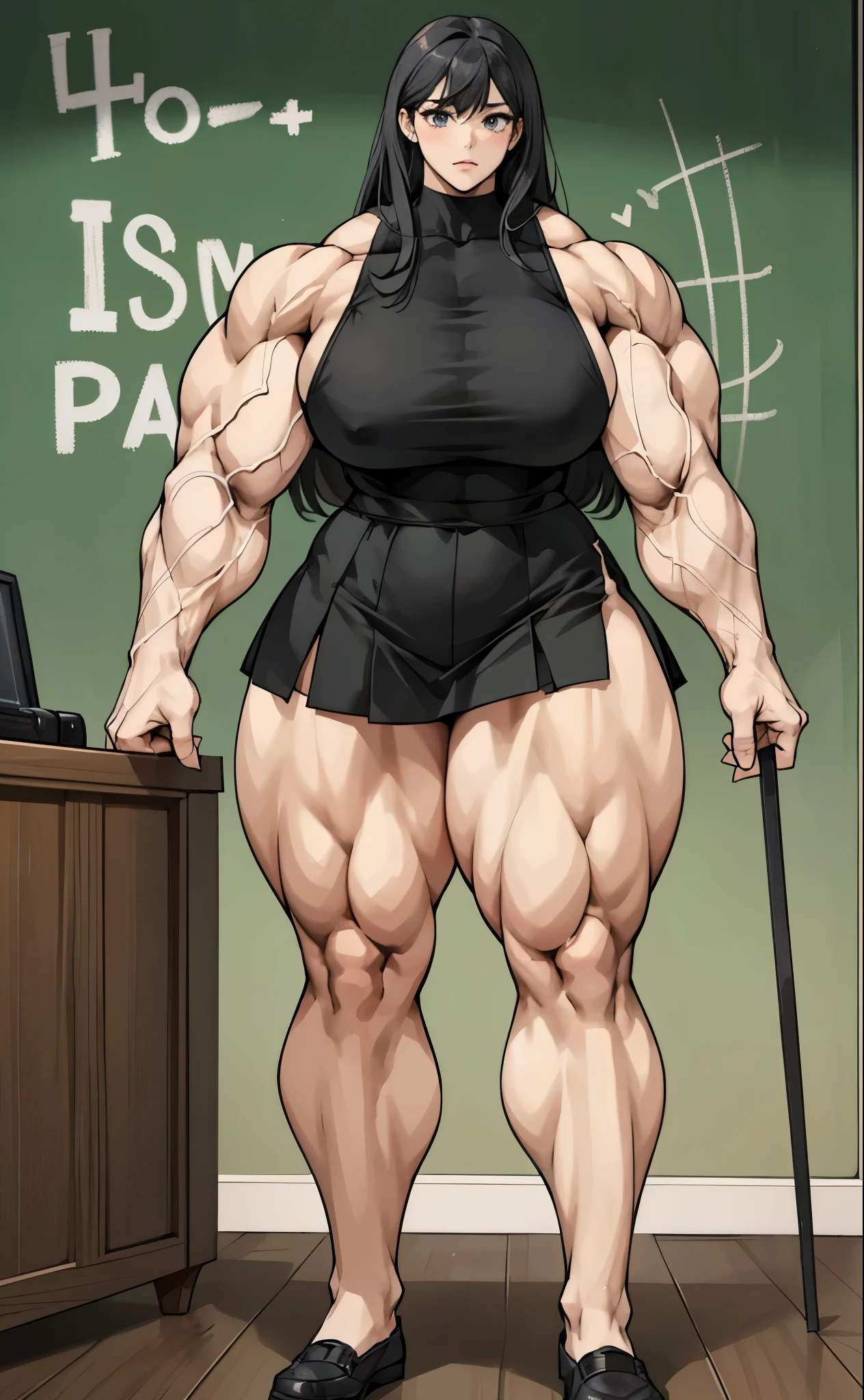  woman in a short skirt standing in front of a chalkboard, muscular girl, massive legs towering over you, strong and imposing, strong pose, feminine and muscular, very beautiful. big muscles, exaggeratedly large physique, exaggerated physique, muscular ultraviolent woman, incredibly strong and tall, 