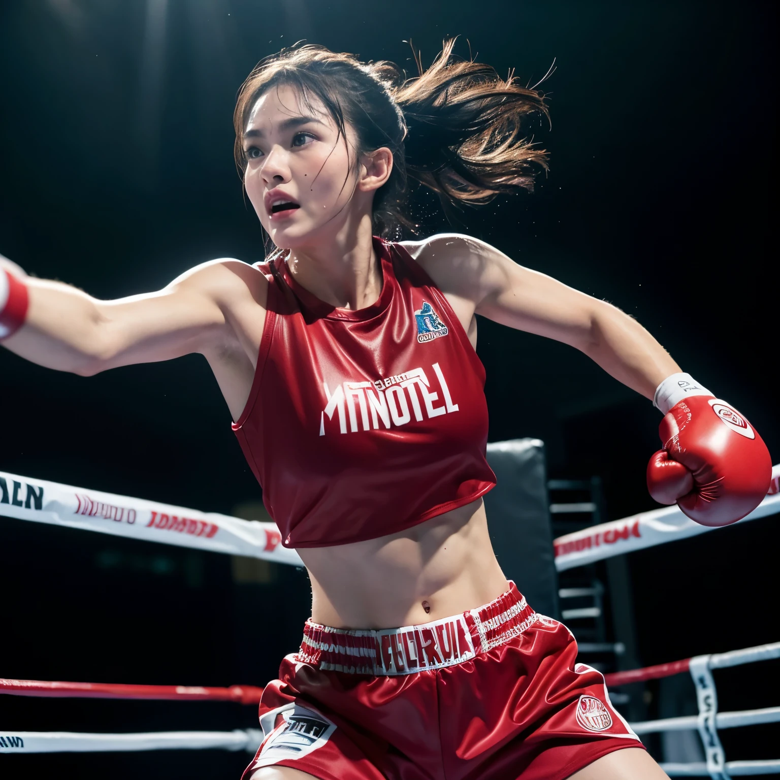[(best quality,4k,8k,highres,masterpiece:1.2),ultra-detailed,(realistic,photorealistic,photo-realistic:1.37),HDR,UHD,studio lighting,ultra-fine painting,sharp focus,physically-based rendering,extreme detail description,professional,vivid colors,bokeh],portraits,boxing,fierce fight,intense competition,(dramatic, dynamic) movements,athletic bodies,energetic atmosphere,(powerful, mighty) punch,(sweat, sweat drops) flying,mid-air shots,boxing gloves,(excitement, thrill),crowded stadium,dramatic lighting,slow-motion shots,struggling expressions,adrenaline rush,ring ropes,tense anticipation