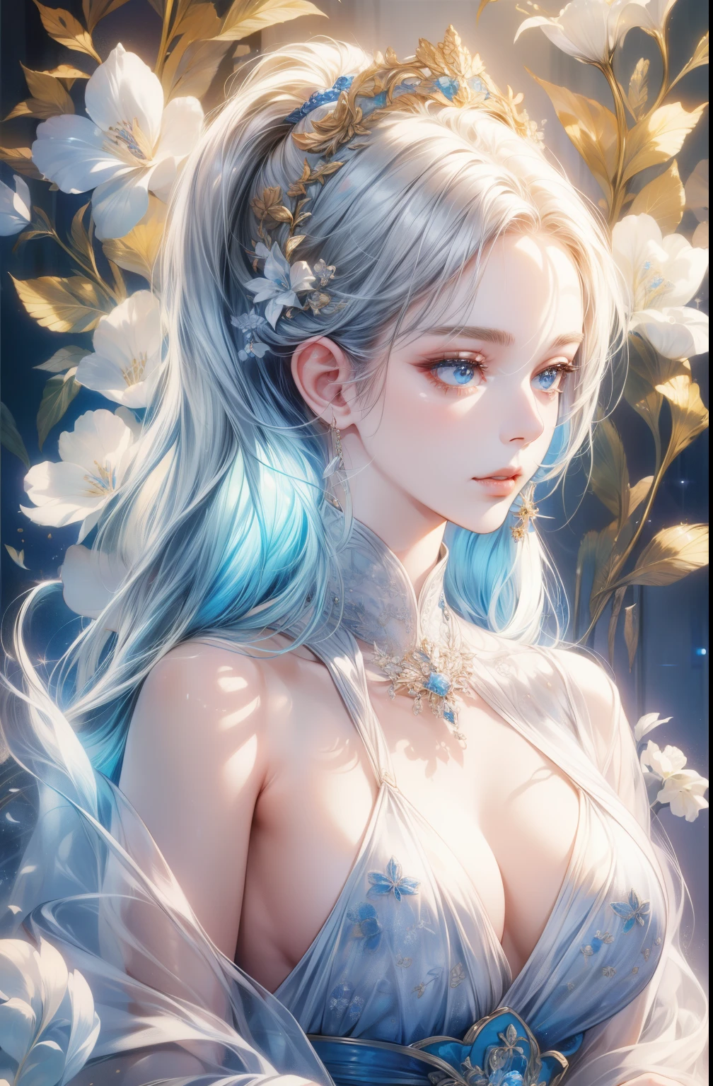 Silver-haired woman、bust、white skinned、Symmetry between left and right eyes、delicate eyes、sparkling sky blue eyes、golden hair accessories、Mosaic pattern background、spotlight、high contrast、Striking shadows、Detailed shadows、Perfect workmanship、Masterpiece、top quality、Top image quality