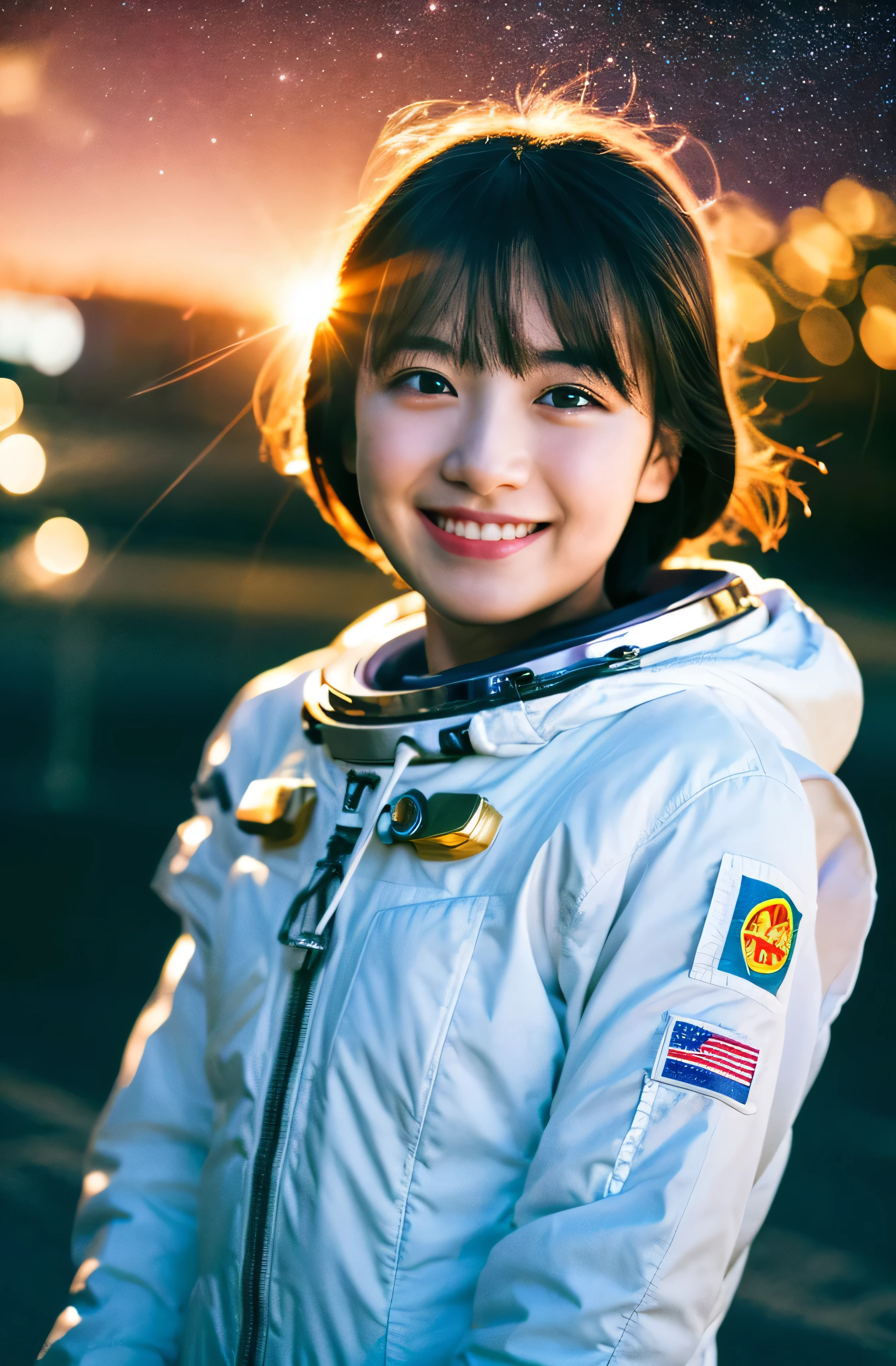 highest quality, masterpiece, ultra high resolution, (realistic:1.4), Raw photo, 1 girl、shiny skin, dramatic lighting, whole body,、Japanese, complete raw body, Show all attractions、smile、spacewalk、astronaut