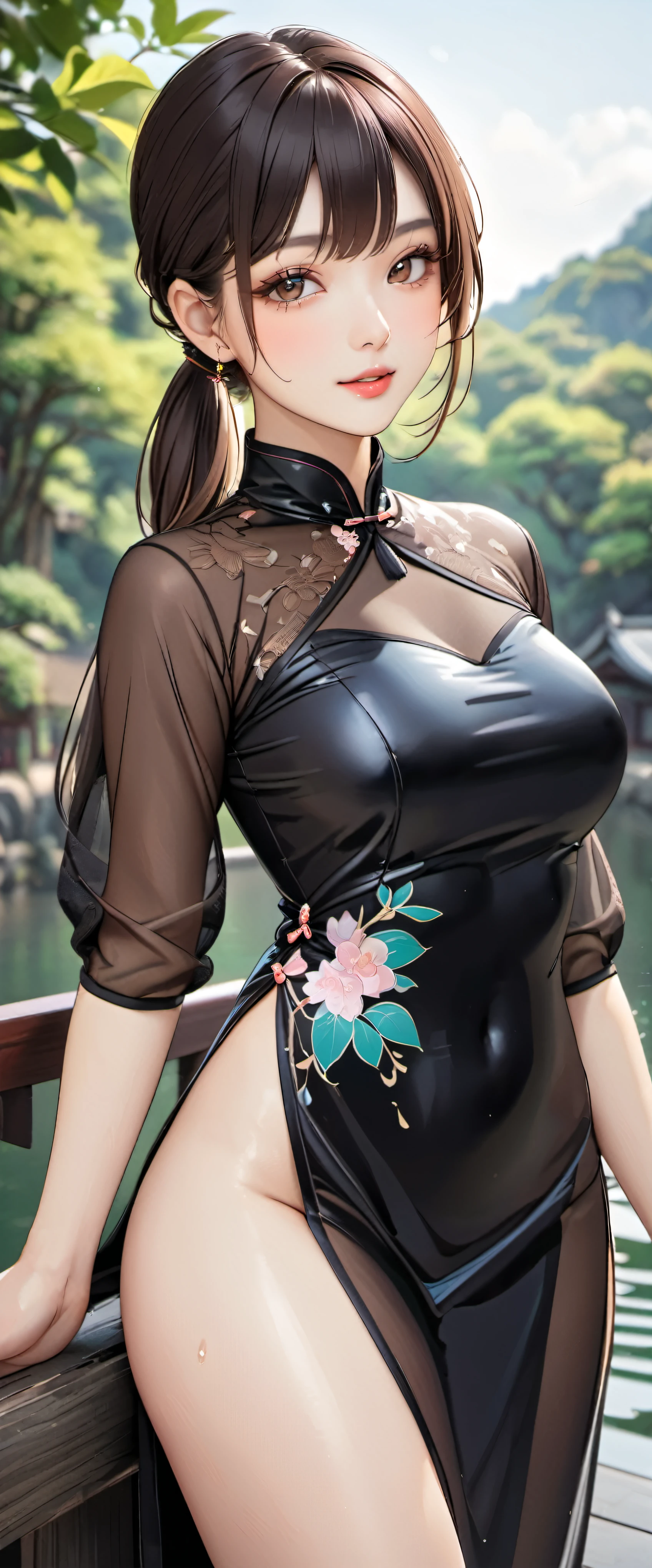 (masterpiece,highest quality,超A high resolution),japanese woman, (((Very beautiful 25 year old girl))), pretty girl、look at the photographer､  ((beautiful low ponytail)), super cute face, glossy lips, double eyelids in both eyes,natural smile、 natural makeup, long eyelashes, shiny smooth hair､center image,  perfect limbs, perfect ???????,(((China dress)))、((See-through)),wet with sweat,