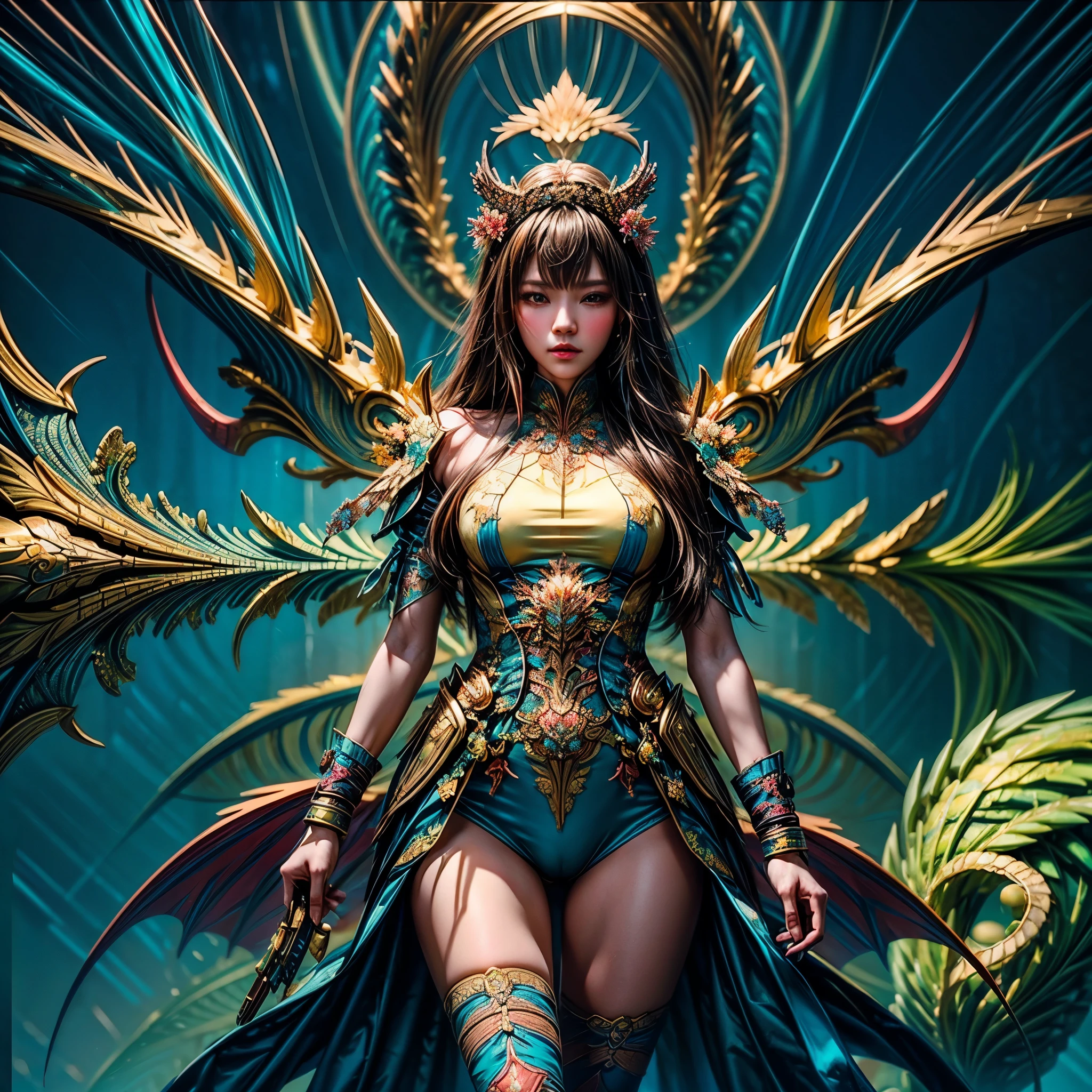 *8k Masterpiece, Top Quality, Best Quality, Official Art, (Beauty and Aesthetics: 1.3), Extremely Detailed, (Fractal Art: 1.3), Colorful, Ice and Chinese Dragon, Serpentine Body, Claw, Cyan and 1 Woman, Han Woman's Media, Hanfu, Cyan