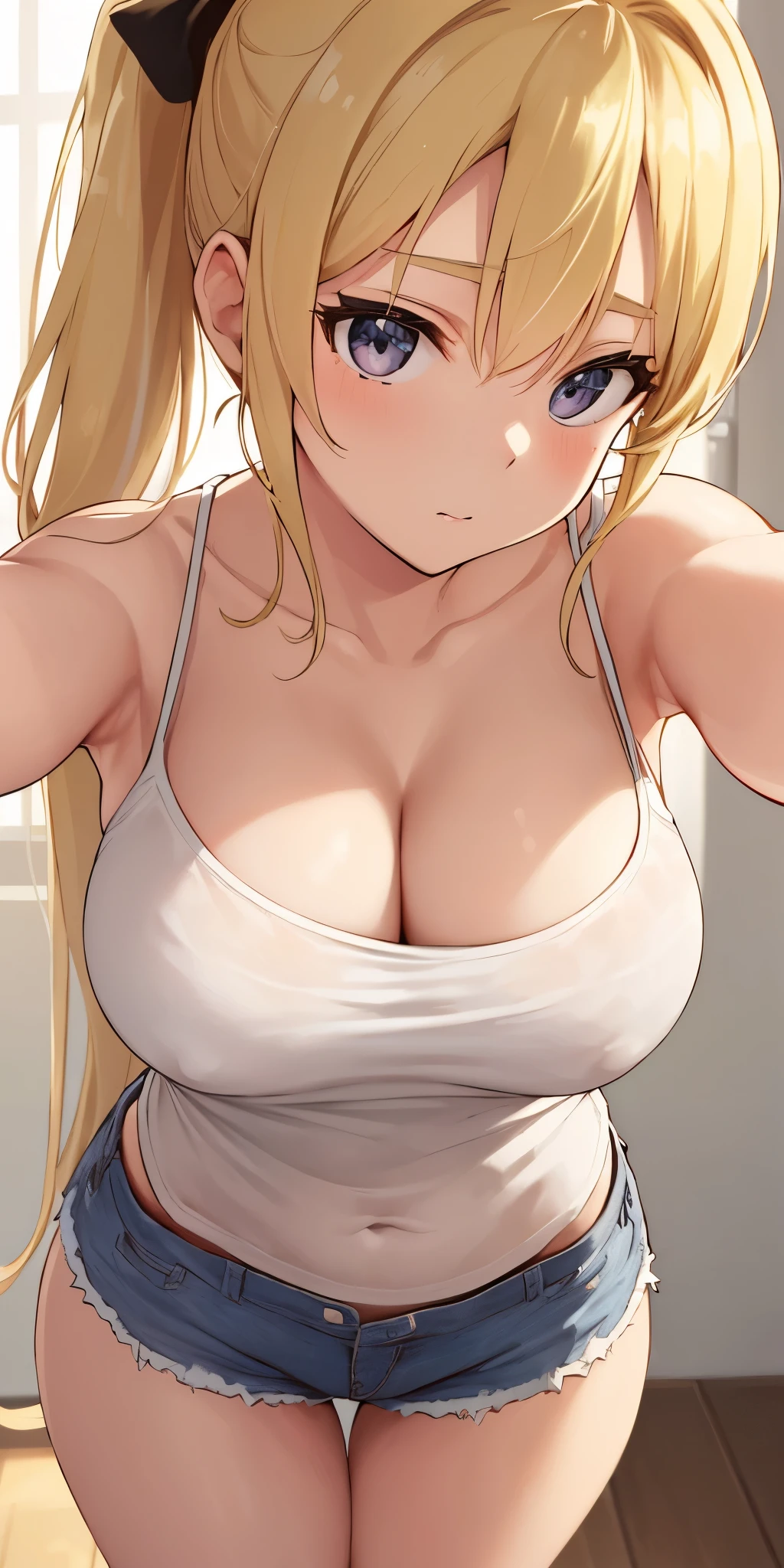 (Best quality:1.3), blonde ponytail, large breasts, tight camisole, shorts, standing, cleavage, (pov, close shot)