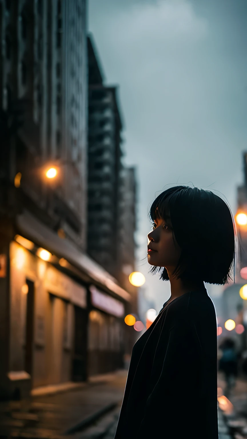 highest quality、masterpiece、Visible in the distance、silhouette girl、short hair、gloomy、old city background、