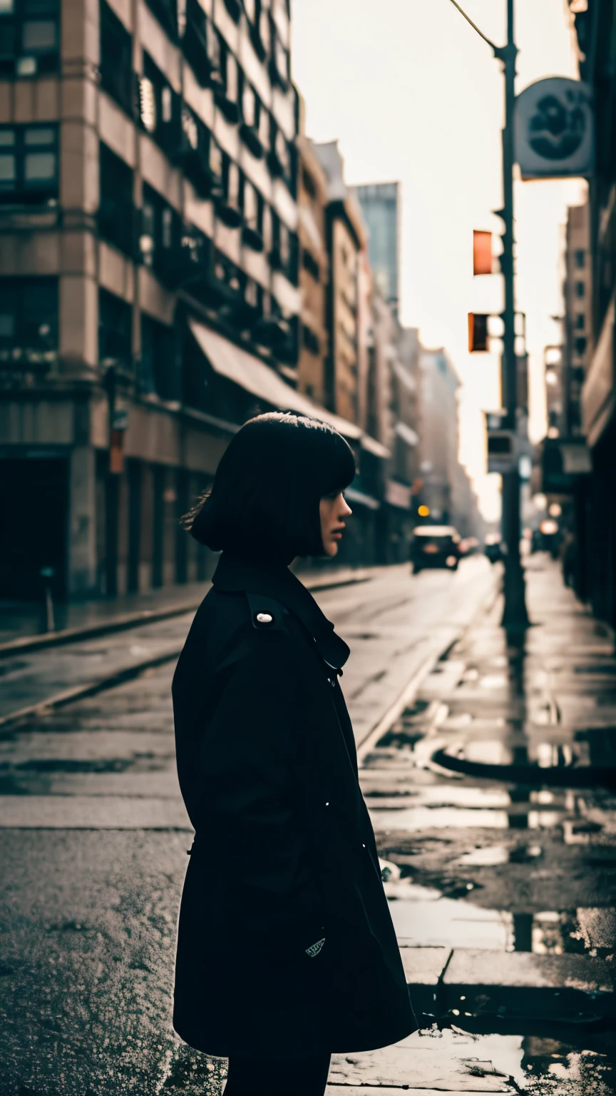 highest quality、masterpiece、Visible in the distance、silhouette girl、short hair、gloomy、old city background、