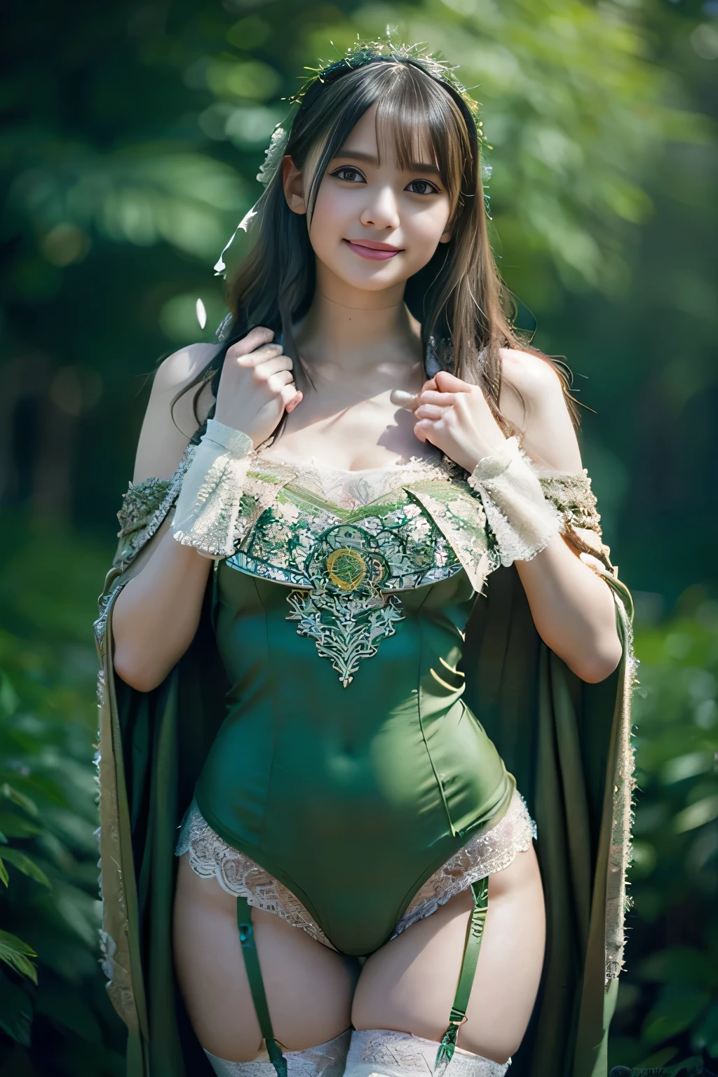 (Best quality, 8k, 32k, Masterpiece, UHD:1.2), Photo of Pretty Japanese woman, 1girl, (RAW photo), (realistic), (photorealistic:1.3), (high res), ultra detailed, Primaballerina_tutu, prima ballerina green tutu, incredibly beautifull face and eyes, (loli:1.2), round small face, (gigantic breasts, cleavage), thin waist, slim proportions, forest at dawn, (sweaty), from below, crotch,