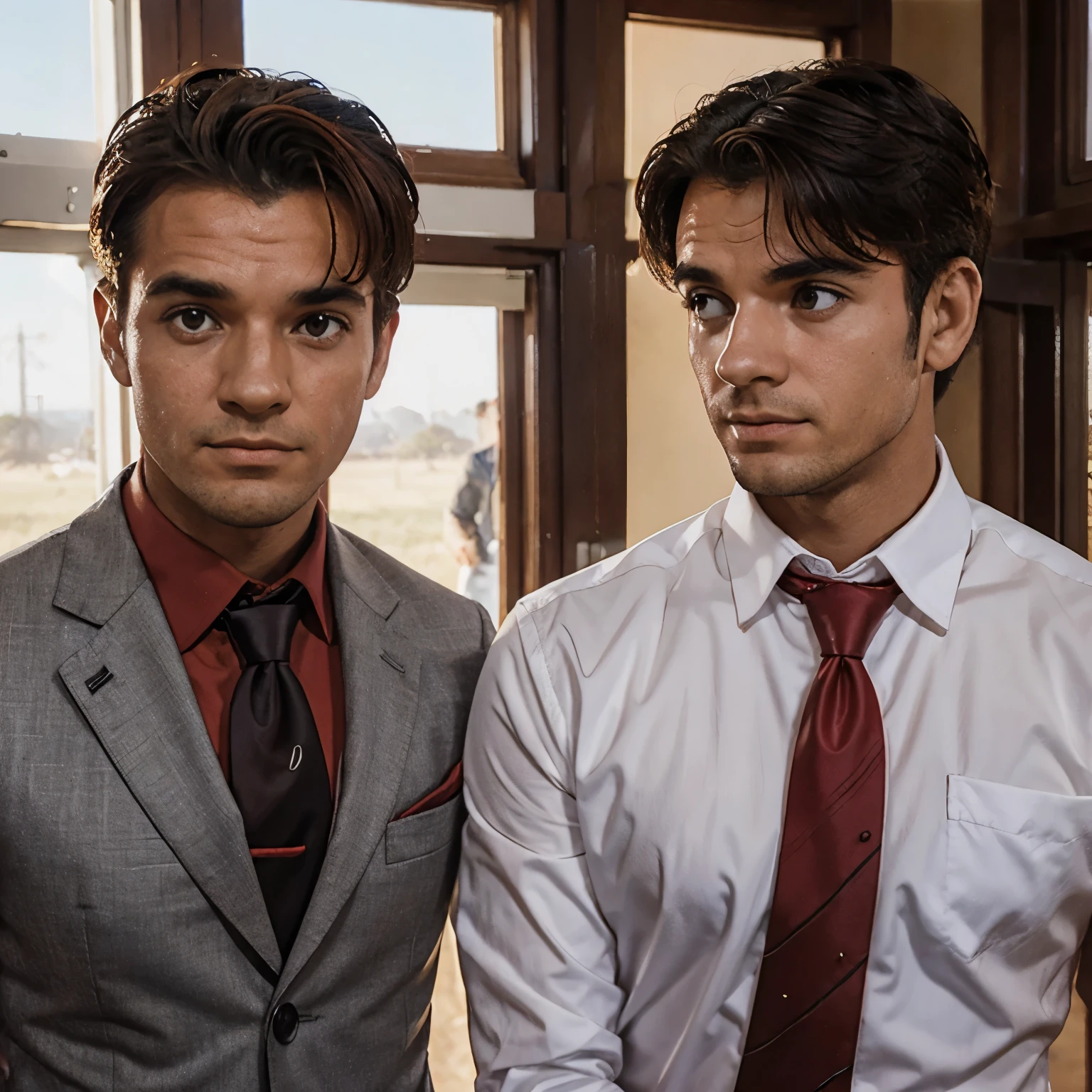 2 homens de costa um para o outro, um homem mais alto e o outro mais baixo, imagem preta em branco, will have red ties around it connecting the two, the setting will be a field with sunlight shining