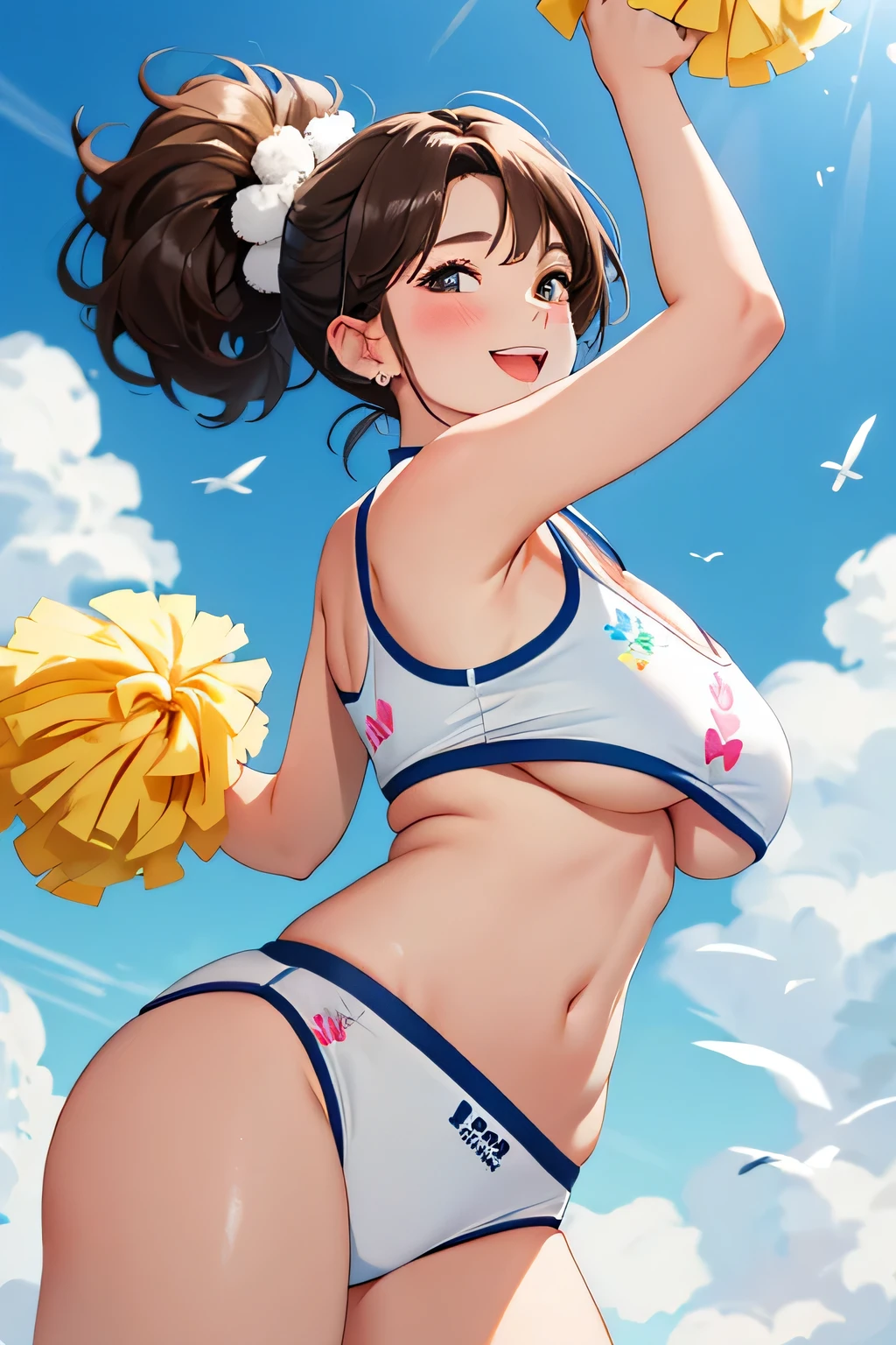 highest quality、High resolution、detailed background、cute 、brown hair、bob cut、ponytail、(huge breasts:1.2)、perfect body line、big ass、vast sky、jump and fly in the sky、(Cheerleader、I'We're rooting for you、sexy cheer costume)、(pom pom:1.2)、White floral embroidered panties、White floral embroidered bra、emphasize the underboob、I can see the underboob、angle from below、
See here、open your mouth and smile、smile、healthy、healthyふともも、Healthy and beautiful、legs open、panty shot