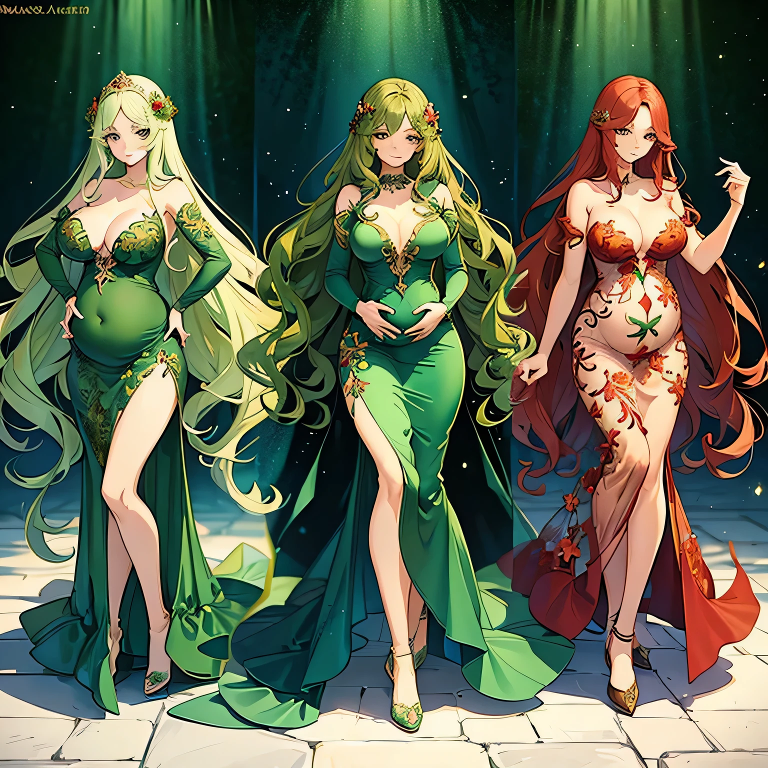 Beautiful pregnant woman, long wavy red hair, green leafy mermaid dress, seductive pose, cleavage