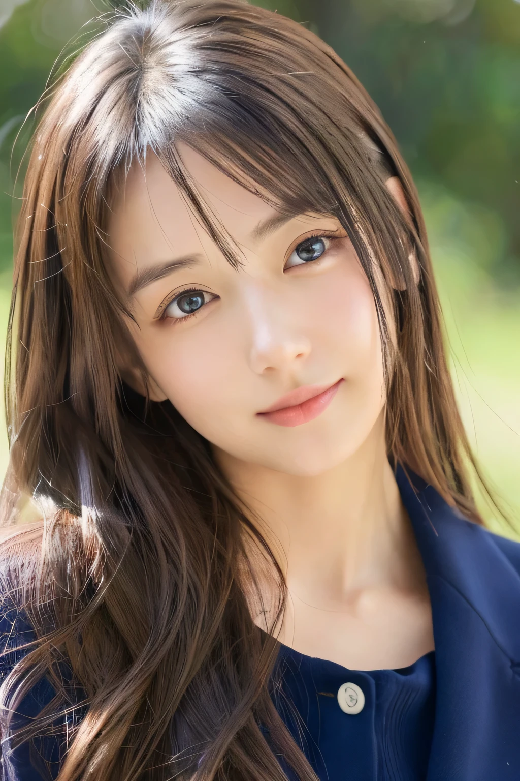 (((32k,high details,high detail、masterpiece,attention to detail,alone))),Raw photo & realistic atmosphere,beautiful dark blue eyes,detailed mouth,glossy lips,thin eyebrows,fine eyes、Soft white skin that shines in every detail、sheの深い黒色の目はとても美しいです,lip details、very beautiful face,very well-shaped face、lifelike face,shining beautiful lips,beautiful eyebrows,infinite reality, Realistic young gravure idol,she'she'she'she'she'she's a very cute woman , young gravure idol, young gravure idol, とても美しくてかわいい21 year old beautiful girl,incredibly beautiful and classy,21 year old beautiful girl,natural soft light,(shiny hair,,Beautiful and kind eyes:1.5),gentle smile,well-shaped chest,medium long hair,tie hair,beautiful posture,no makeup,think ahead,