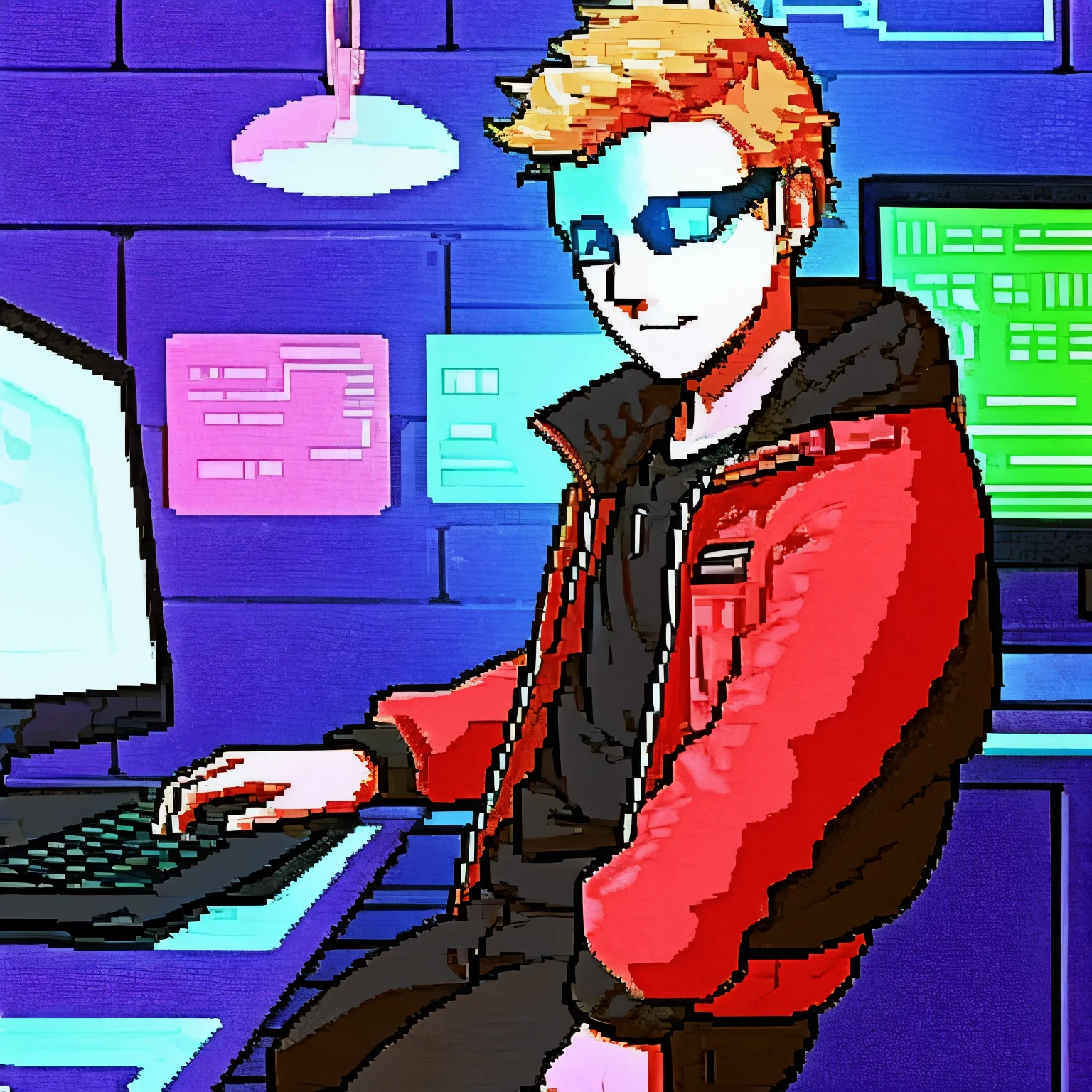 Hacker boy who says “rich boys” on his jacket and computer