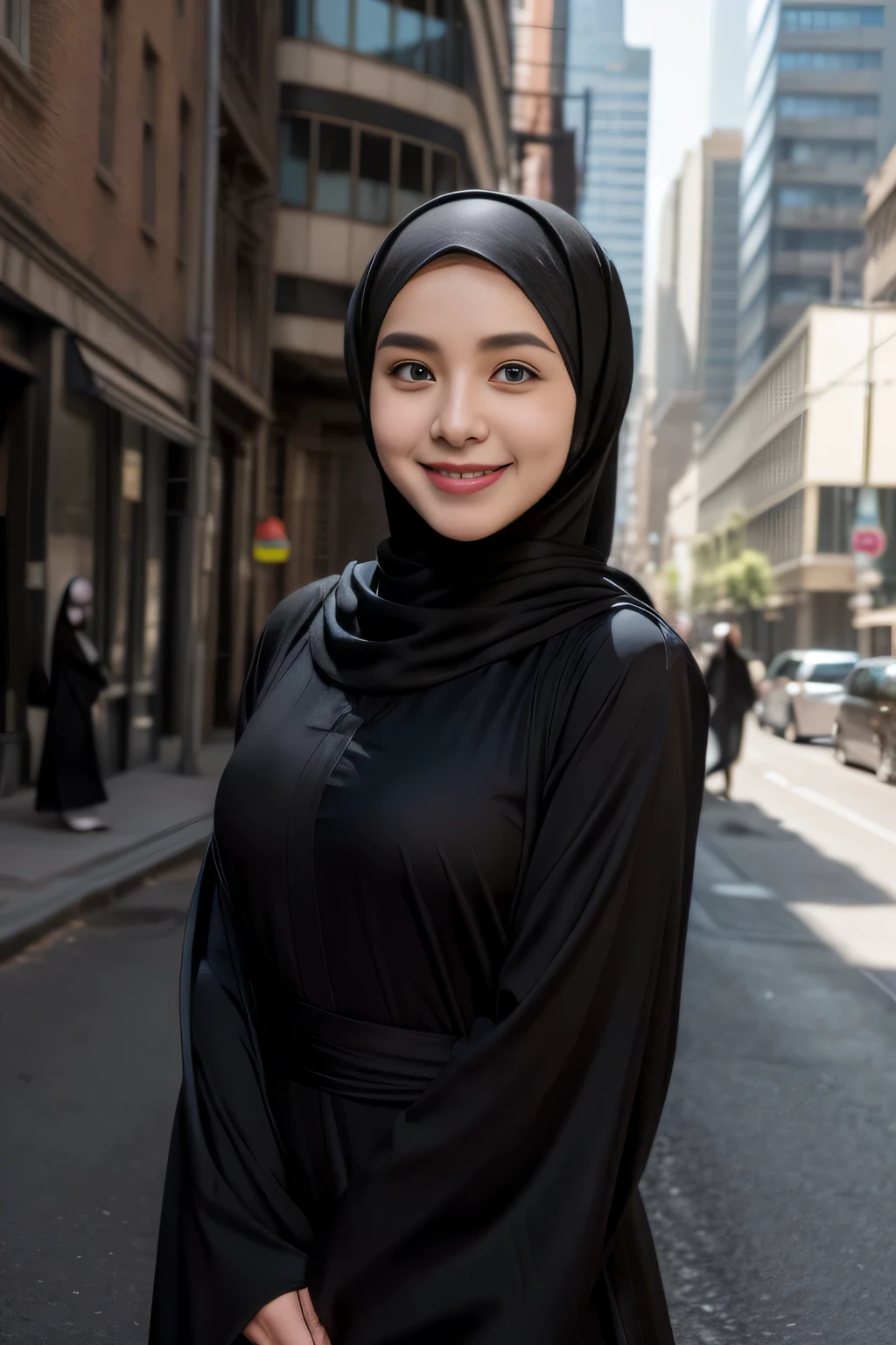 (k, RAW photo, best quality, masterpiecel1.4), ((wall streets background)) , (( smile face )), (realistic, photo-realistic:1.37), photo of a women in black hijab, 1girl, (lighting), ((wearing black fit jubah)) , ((looking at viewer)), ((covered breast))