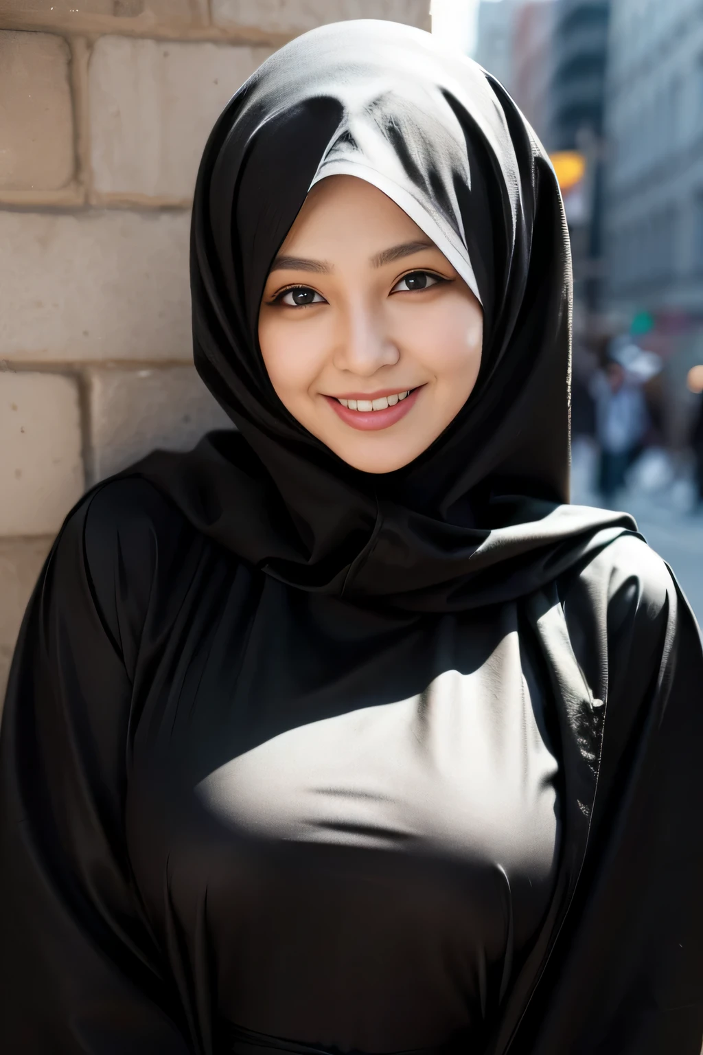 (k, RAW photo, best quality, masterpiecel1.4), ((wall streets background)) , (( smile face )), (realistic, photo-realistic:1.37), photo of a women in black hijab, 1girl, (lighting), ((wearing black fit jubah)) , ((looking at viewer)), ((covered breast))