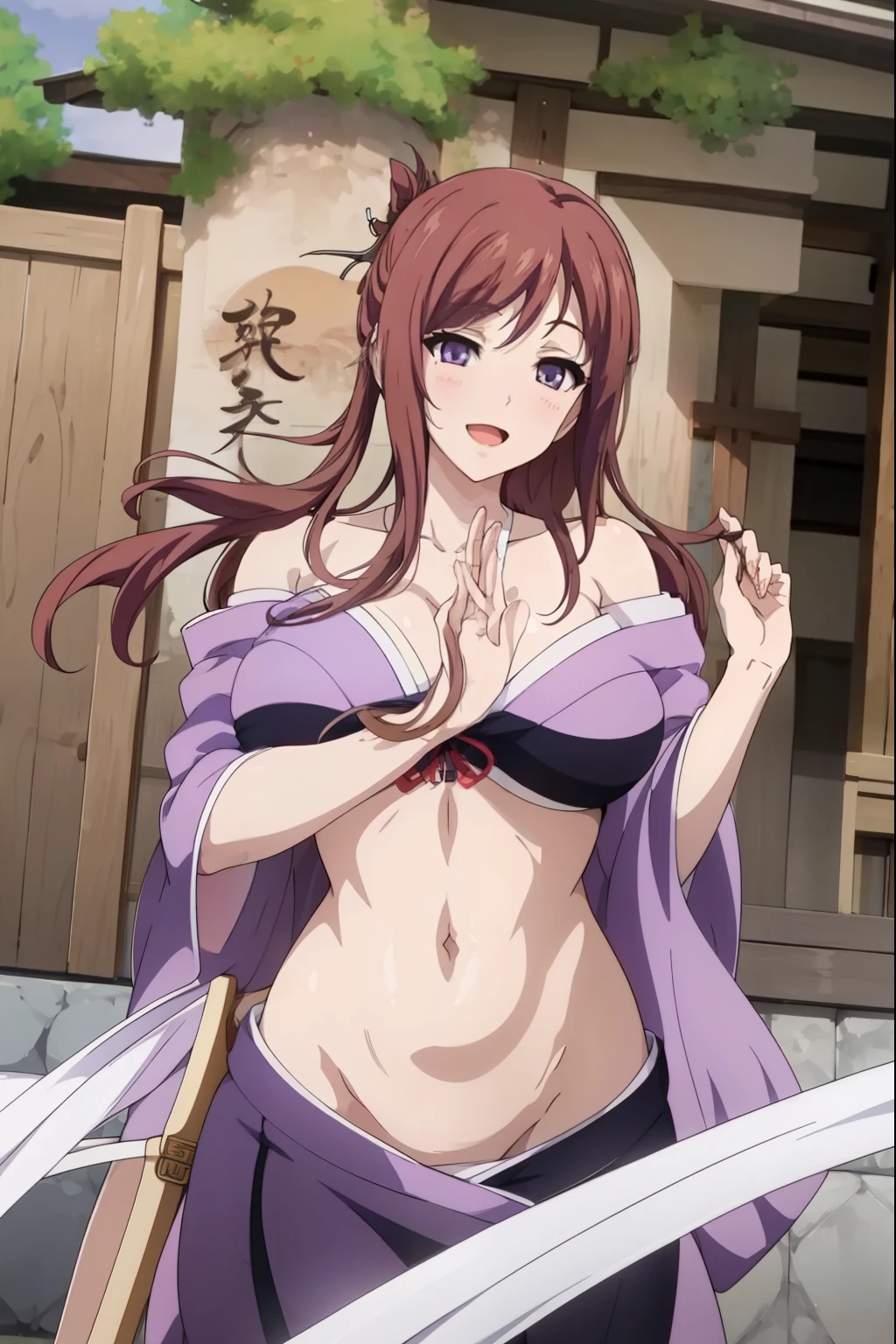 brown hair,bangs, Hair Bun,purple eyes,
1 girl, 20yo,Young female,Beautiful Finger,Beautiful long legs,Beautiful body,Beautiful Nose,Beautiful character design, perfect eyes, perfect face,expressive eyes,perfect balance,
masterpiece, best quality, highly detailed, a anime girls in kimono dress with a sword posing for a
picture, bare shoulder,open kimono, evil smile, open mouth, crop top , (nsfw) not safe for work, smile,
ecchi anime style, anime girls, ecchi style, ecchi, digital anime art!!, in anime style, official artwork, visual
novel cg, beautiful anime girl, anime style 4 k, kimono pencil skirt, exposed belly, exposed navel,
exposed midriff, exposed lower belly, outdoor, japanese architecture, temple