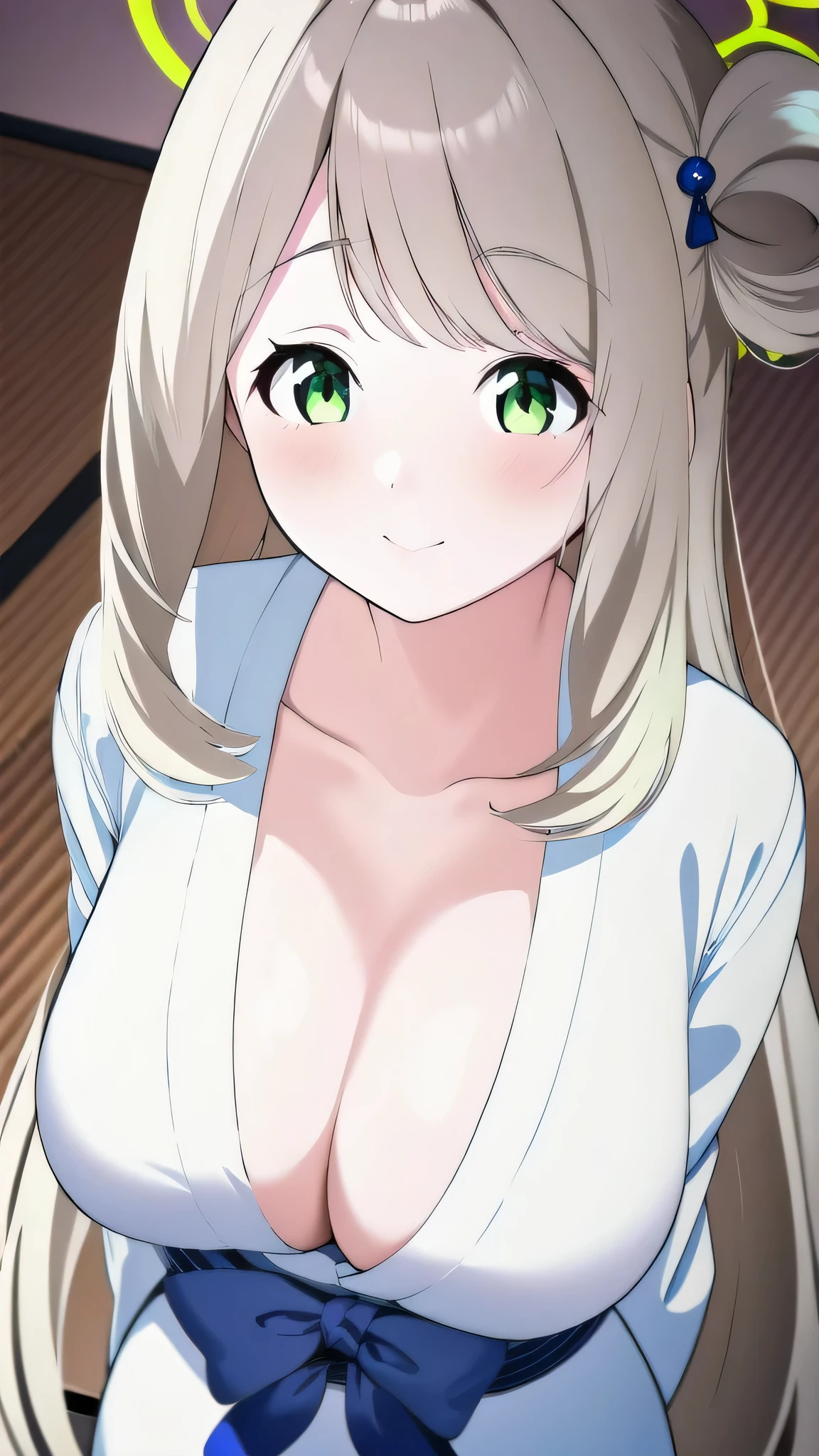 (Amazing Beautiful Girl, Sixteen Nights of Nobetsu), 8k ultra hd, ultra high resolution, (masterpiece:1.2), (highest quality:1.2), (Beautiful detailed eyes), very delicate, alone, true light and shadow, upper body shot, shoot from above, (look up), teenager, Anonymous, break light green eyes, break (long hair, Light Ivory Hair:1.3), Happy, break (yukata:1.2), (light green halo), Are standing, turn your arms behind your back, ryokan, slim waist, cleavage, clavicle,