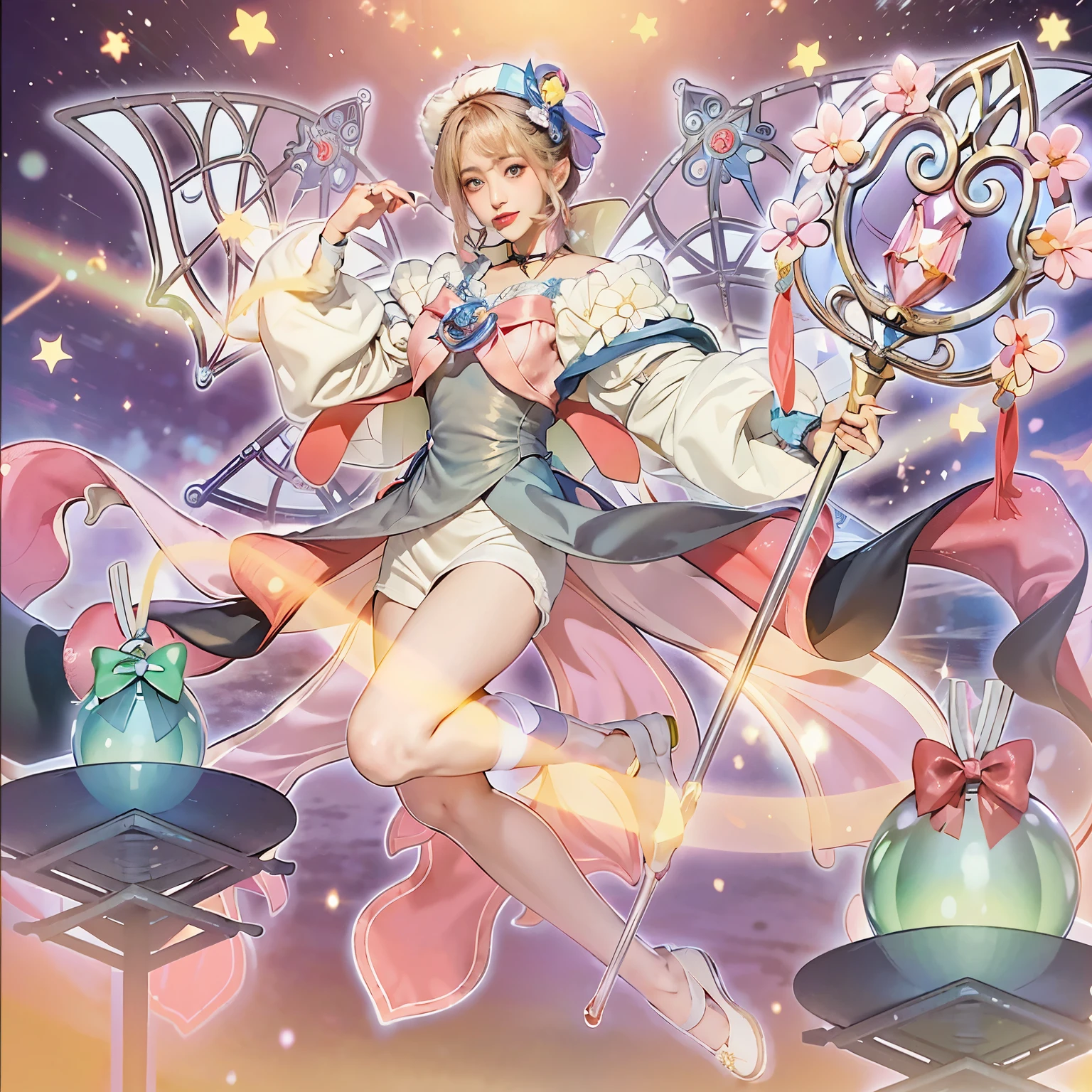 anime style image，one in costume、holding wands、woman wearing hat, portrait of Magical girl, sparkling Magical girl, official artwork, Beautiful celestial mage, Magical girl, Astral Fairy, alchemist girl, lulua workshop, Flirty anime witch casting magic, high detailed official artwork, Splash art anime , shadow poetry style, official art