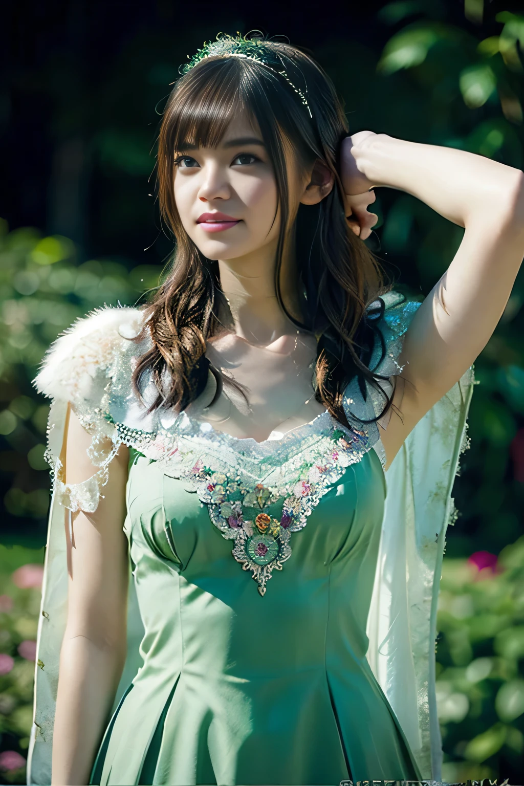 (realistic, highest quality: 1.4), (woman,smile(shining hair,new record green)),((Please show me your armpits))lace underwear,Pearl Accessories,Lace embroidery,headdress,choker,gloves up to the elbow,garter stockings,cloak,(fantasy),(background,ireland garden,Rose)