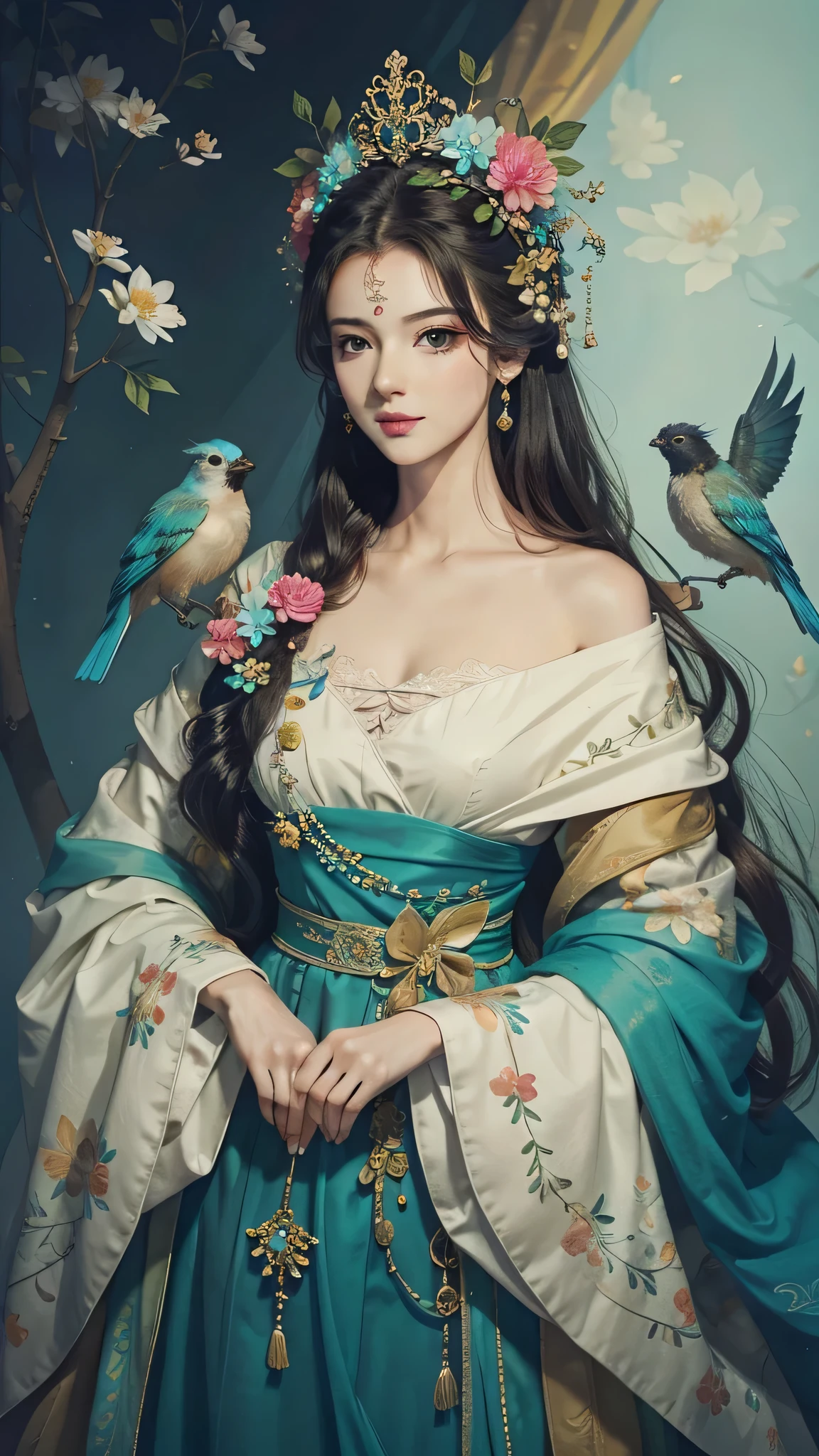 Wear flowers on hair、leaf、woman with bird on shoulder,Cyan coat