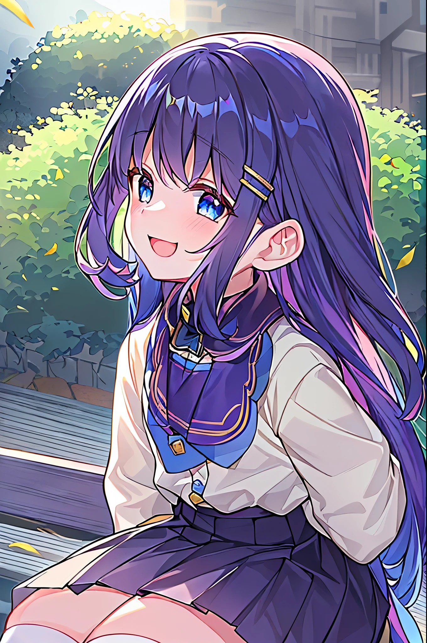 (((masterpiece))), (high quality:1.5), (beautiful:1.5), (((8K))), (High resolution:1.5), (High resolution:1.5), (1 girl:1.3), (child:1.5), (5 years old:1.5), (dark blue straight long hair:1.3), (very long dark blue sideburns), (dark blue bangs with very large parting:1.3), (simple hair clip:1.4), (Ahoge:1.4), (small blue eyes:1.2), (slightly droopy eyes:1.3), (Super thick sideburns and super long sideburns:1.1), (very long and thick sideburns,,:1.1), (Ultra-flat chest:1.4), (extremely small breasts:1.4), (laughter:1.5), (white cardigan:1.4), (white pleated skirt:1.3), (sitting on a park bench:1.3)