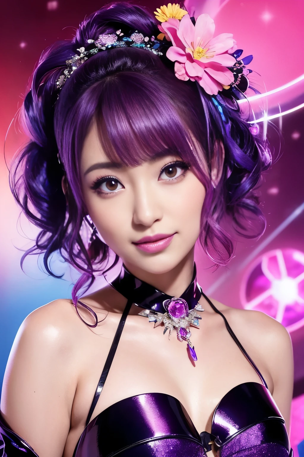 young、beautiful Japanese actress who controls poison、sparkling poisoned flower costume、、、、bold lipstick、dramatic eyeshadow、lipgloss、costume is glossy with neon pink and neon purple color scheme、full body Esbian、closeup、 smile、charismatic、dangerous character、sparkling short dramatic colorful hair、secrete poison、skull hair accessories、flowers background 