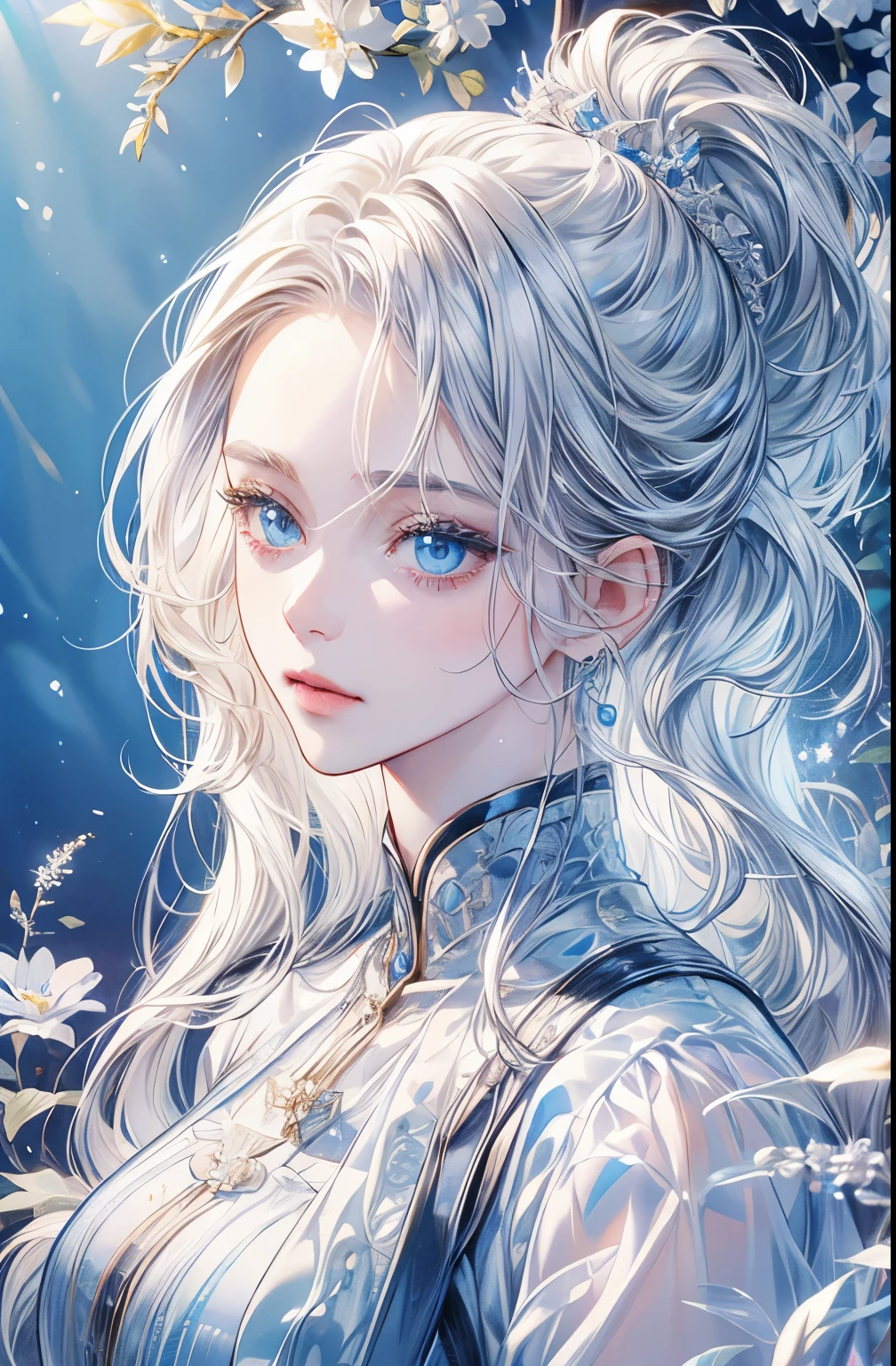 Silver-haired woman、bust、white skinned、Symmetry between left and right eyes、delicate eyes、sparkling sky blue eyes、golden hair accessories、Mosaic pattern background、spotlight、high contrast、Striking shadows、Detailed shadows、Perfect workmanship、​Masterpiece、top quality、Top image quality