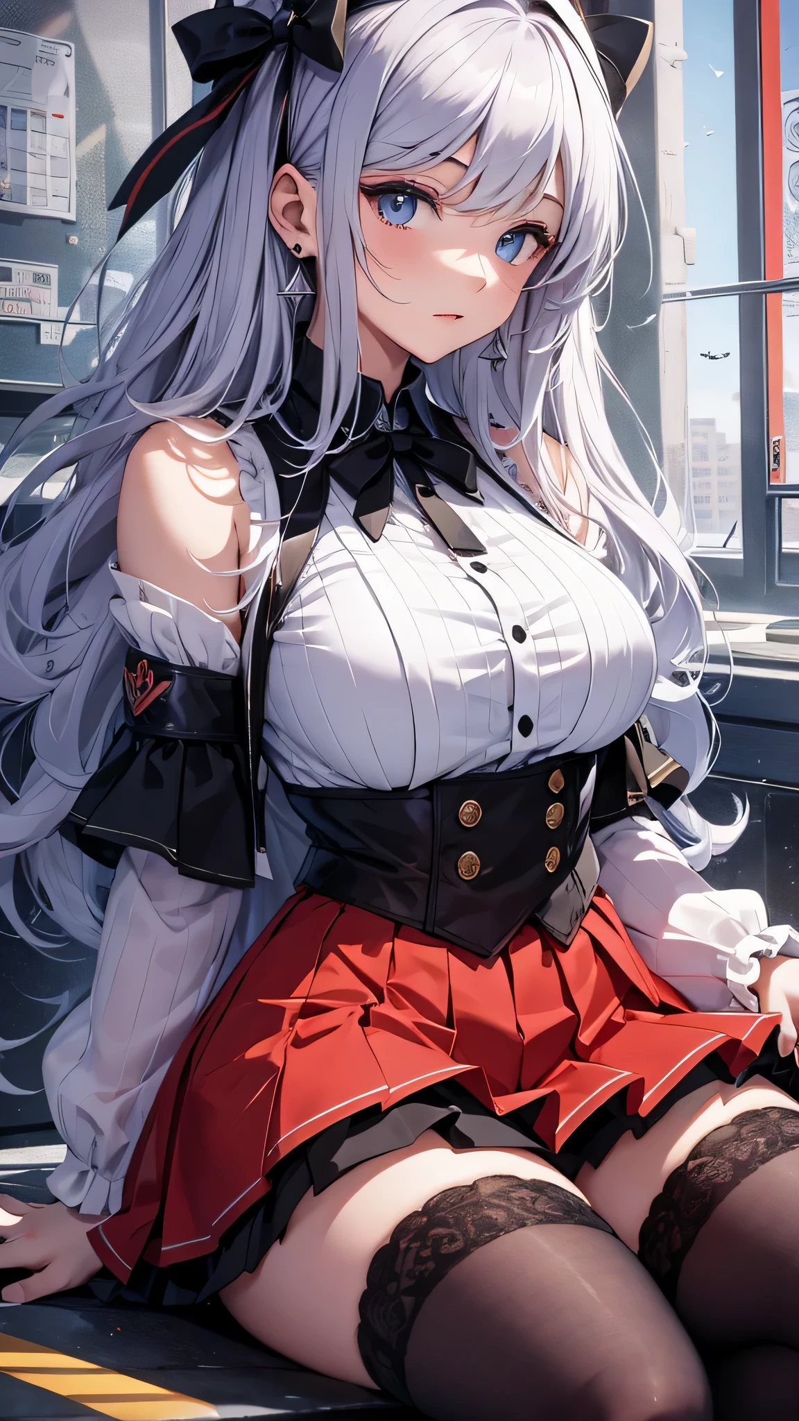 creates an anime girl with a short skirt with her hands up, 24 years old, wearing black stockings and a white blouse with a low neckline in a landscape of a luxurious apartment with wide hips and large breasts.