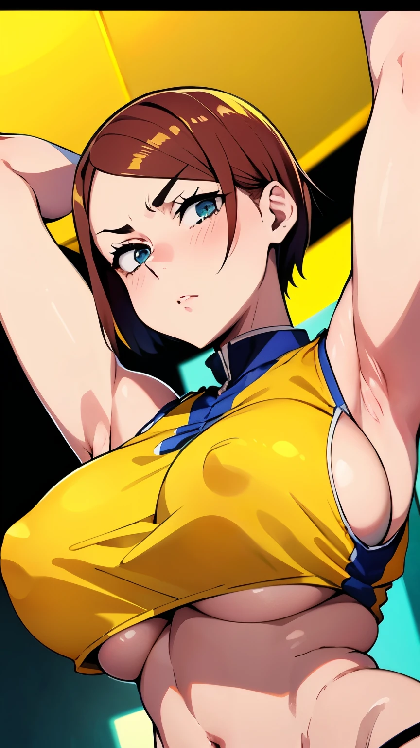 a close up of a girl wearing a basketball uniform, a picture, trending on pixiv, wearing yellow NBA jersey, wearing a low cut tanktop, golden raito, (winking), with short hair, large breasts)}], favorite scene, big tits, low cut tanktop, kugisaki nobara, viewpoint from below, visible navel, really large breasts