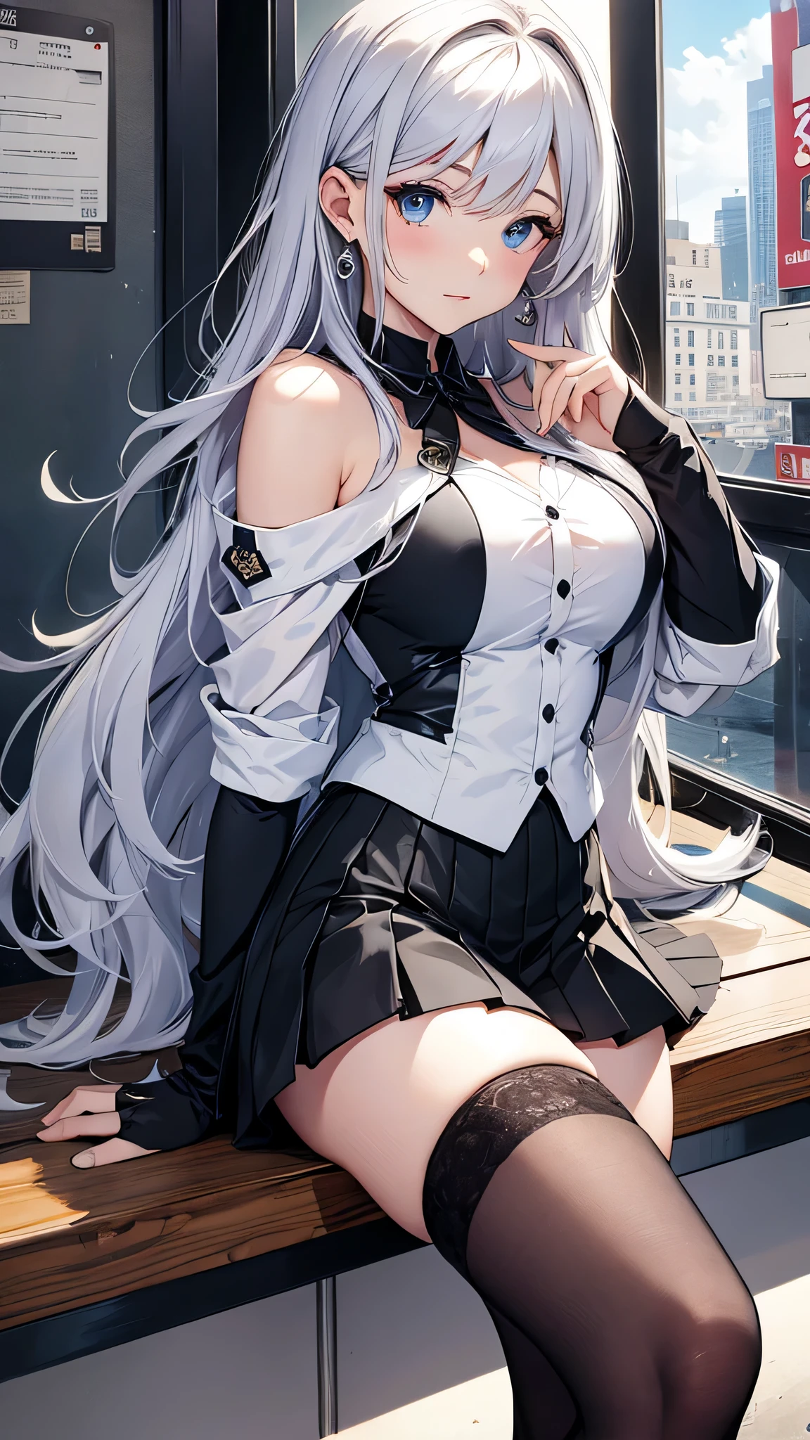 (big breasts, long hair)), (((anime girl))), daylight sunlight, ((full body)), mole on chest, ((shorts)), (extremely detailed 8k cg wallpaper), (extremely delicate and beautiful), (Masterpiece artwork), (the best quality: 1.0), (ultra resolution: 1.0), beautiful lighting, realistic shadows, [high resolution], Detailed aspects, ultra detailed, cleavage, mini black top, (detailed eyes:1.0, perfect eyes, blue eyes)
