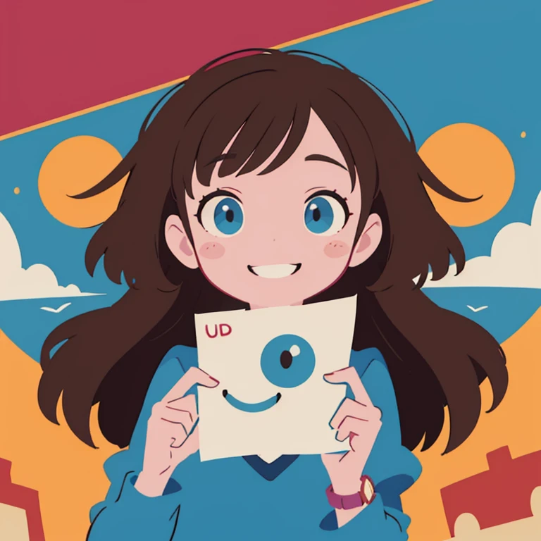 (Ultra Detailed,Ultra High Definition,Detailed Background),((2D)),((Flat Color))),(Colorful)),1 Girl,Solo,Watch Viewer,smile face,outdoor,brown hair,blue eyes,town,giving you a paper,